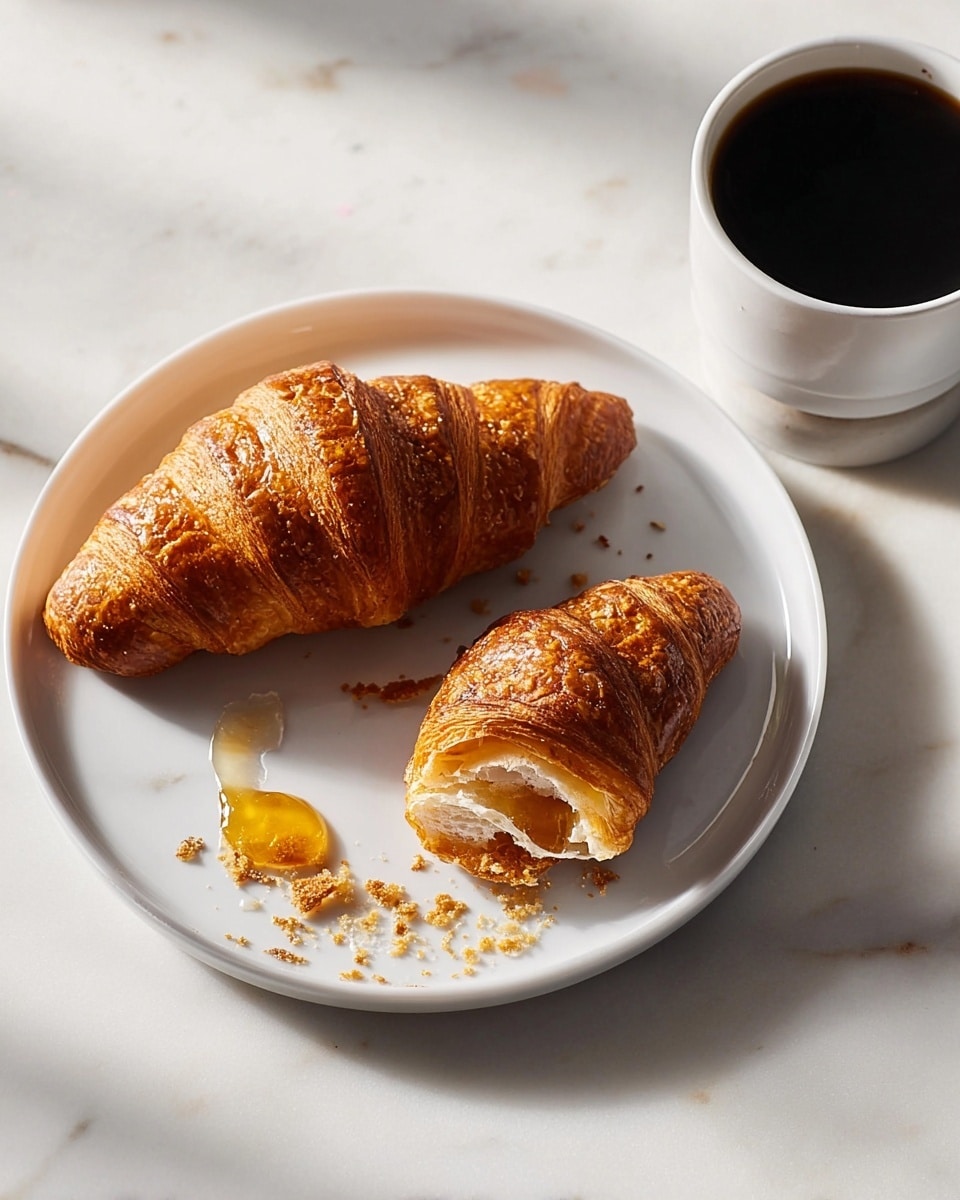 The image shows a white plate with two golden brown croissants, one whole and one torn apart at the top. Next to the torn piece on the plate is a small puddle of honey or syrup with some crumbs scattered around. On the right side of the plate, there is a white cup filled with dark black coffee. The background surface is a white marbled texture, bright with natural light casting soft shadows. Photo taken with an iphone --ar 4:5 --v 7