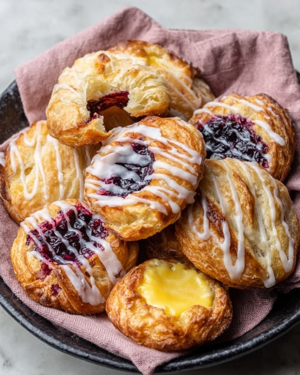 A black bowl lined with a light pink cloth holds a pile of round pastries, each with a golden brown, flaky crust. The pastries have two main layers: a soft, yellow custard filling in some and a deep purple berry filling in others, both centered and slightly sunken. The tops of all pastries are drizzled with a white icing, adding streaks that contrast with the warm tones of the crust and fillings. One pastry is broken open, showing a flaky, airy inside with the yellow custard visible. The bowl sits on a white marbled texture. photo taken with an iphone --ar 4:5 --v 7