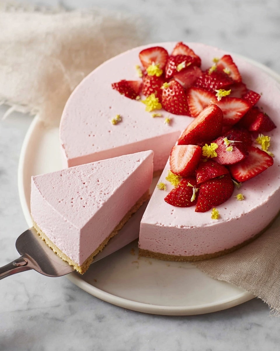 A round pink strawberry mousse cake with two visible layers: a bottom thin golden brown crust and a thick smooth pink mousse layer on top. A slice is being lifted from the white plate with a metal spatula, showing the soft texture of the mousse. One side of the cake top is decorated with fresh red strawberries, both halved and sliced, and small scattered yellow edible flowers. The cake is placed on a white marbled surface with a torn piece of light beige linen visible on the side. Photo taken with an iphone --ar 4:5 --v 7