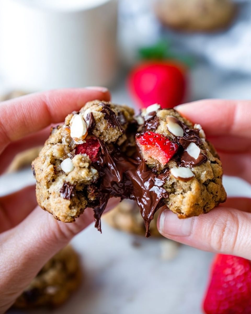 A close-up view of a broken cookie held by two woman's hands, showing a gooey melted dark chocolate center with chopped nuts and pieces of red strawberry embedded in the crumbly light brown cookie dough; one half of the cookie displays visible soft red strawberry bits and the other half shows melted chocolate stretching between the two parts; in the blurred background a white cup and a whole fresh strawberry lie on a white marbled surface. Photo taken with an iphone --ar 4:5 --v 7