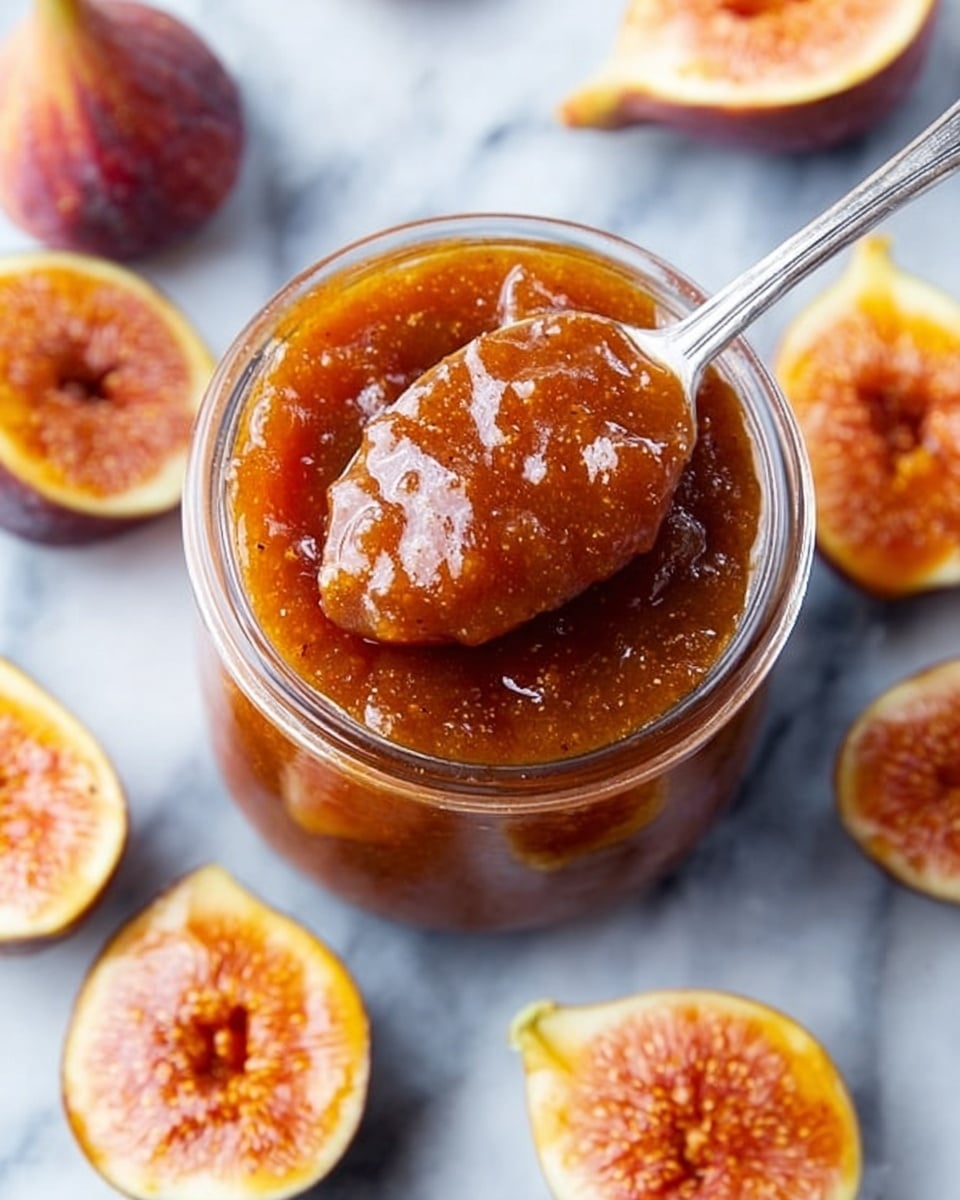 A close-up of a glass jar filled with thick, brownish-orange fig jam, with a silver spoon scooping some jam from the center. Around the jar, whole and cut figs are scattered on a white marbled surface, showing their pinkish-red and yellow insides and purple-yellow skins. The jam has a shiny, slightly chunky texture. photo taken with an iphone --ar 4:5 --v 7