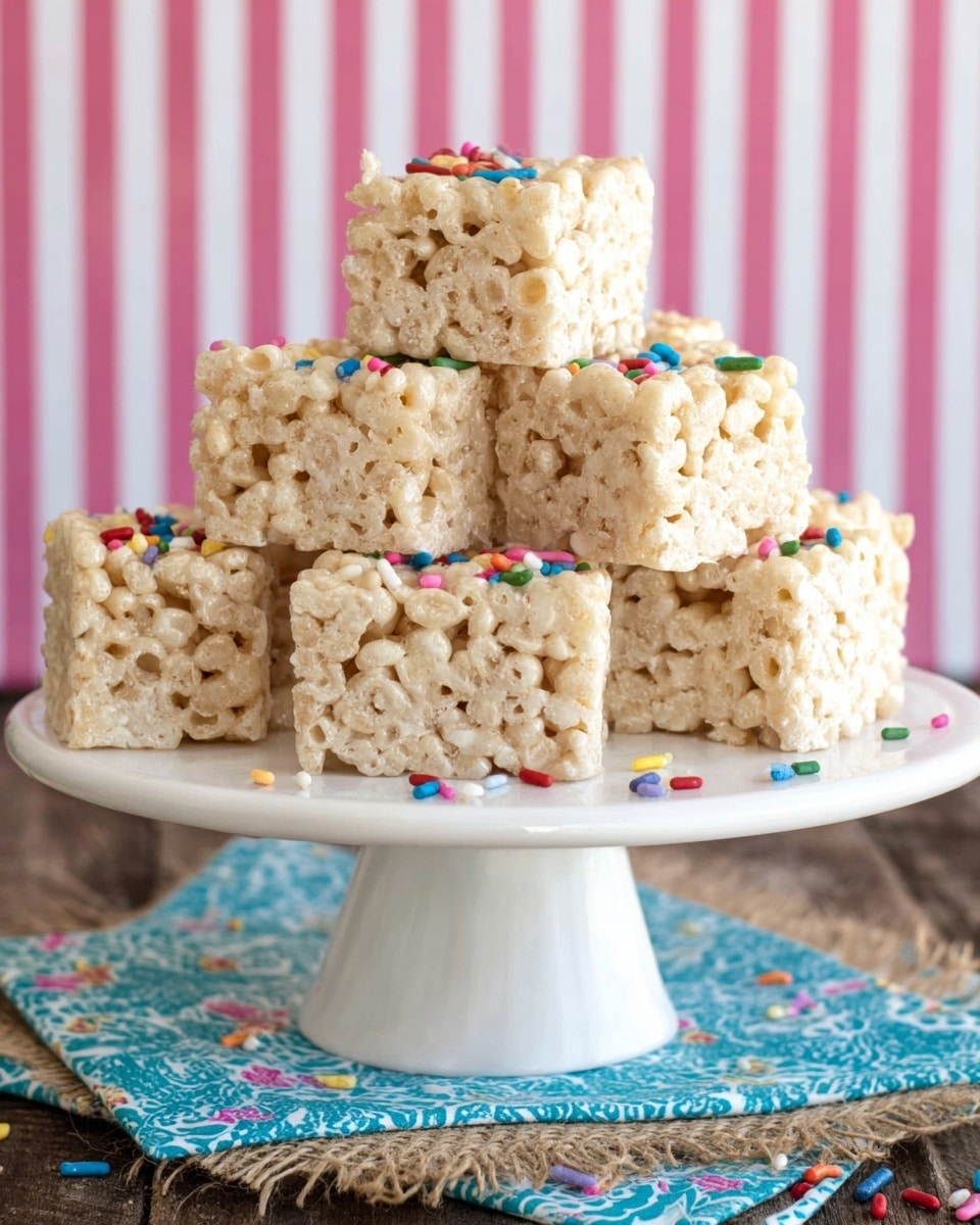 A white cake stand holds a stack of six crispy rice treat squares arranged in two layers with three squares on the bottom and three on top. Each square is light beige with a shiny, slightly glossy coating, showing the puffed rice texture inside. There are tiny round sprinkles in bright colors like red, yellow, blue, and green scattered on and around the treats, adding small pops of color. The background features vertical stripes in white and pink, and the cake stand sits on top of layers of blue patterned cloth and burlap on a wooden surface. photo taken with an iphone --ar 4:5 --v 7