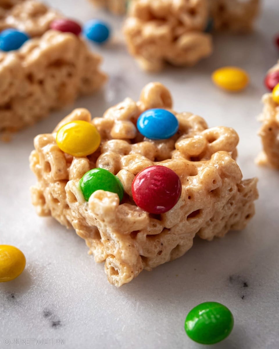 A close-up view of a single square cereal treat made with light tan, glossy marshmallow-coated cereal pieces tightly packed together. Scattered on top and around the treat are small, round candy-coated chocolates in bright colors including red, blue, green, yellow, and orange. The treat has a chewy texture with some puffed cereal shapes visible beneath the glossy coating. The treat sits on a white marbled surface with soft natural lighting highlighting the shiny and slightly sticky detail of the marshmallow. Photo taken with an iphone --ar 4:5 --v 7