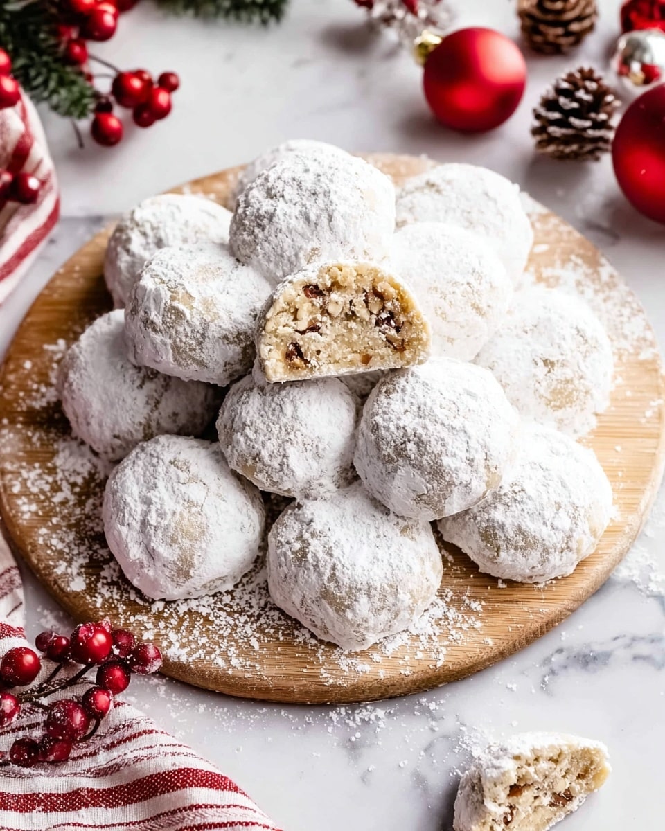 A round light beige wooden board holds about a dozen snowball cookies, each covered in a thick layer of white powdered sugar. The cookies are arranged in a slightly scattered pile, some whole and some broken open to show a light tan interior with small chunks of nuts embedded inside. The powdered sugar looks soft and powdery, dusting the board around the cookies as well. Nearby, a red and white striped cloth is partially visible, along with festive decorations like red berries, pine cones, and shiny red and white Christmas ornaments. The background is a clean white marble texture. photo taken with an iphone --ar 4:5 --v 7