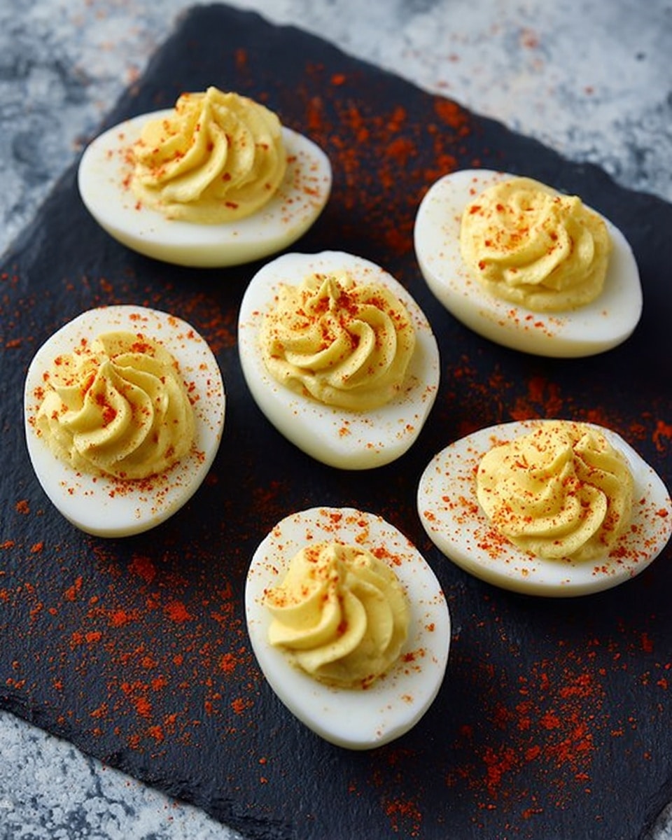 Six halves of hard-boiled eggs are arranged on a dark slate surface with a white marbled texture background. Each egg half has two layers: the smooth, shiny white egg white forming the bottom layer and a creamy, yellow yolk mixture on top, piped in a decorative swirl pattern. The yolk filling is sprinkled lightly with red paprika powder, which is also scattered on the dark surface around the eggs, adding small pops of color. The overall look is neat, with a contrast between the bright whites, yellow yolk, and red spices on the dark background. Photo taken with an iphone --ar 4:5 --v 7