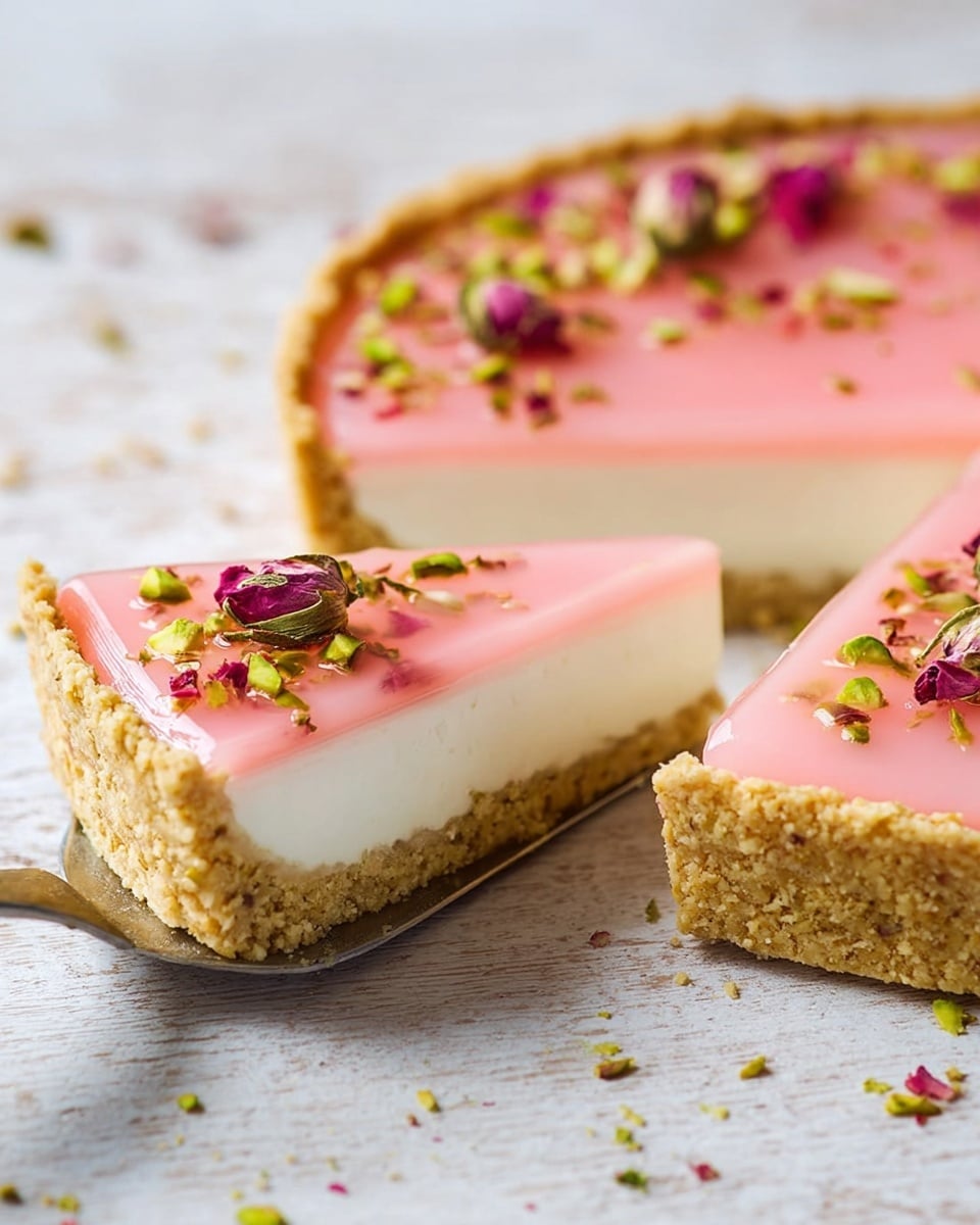 A sliced tart with three visible layers rests on a textured white marble surface. The bottom crust is a golden-brown, crumbly pastry with a slightly rough texture, forming the sturdy base. Above this is a smooth, thick white cream layer that looks soft and firm. The top layer is a shiny, light pink gelatin-like glaze, decorated with scattered bright green pistachio pieces and small dried rose petals. One slice is being lifted by a silver pie server, showing the distinct layers clearly. photo taken with an iphone --ar 4:5 --v 7