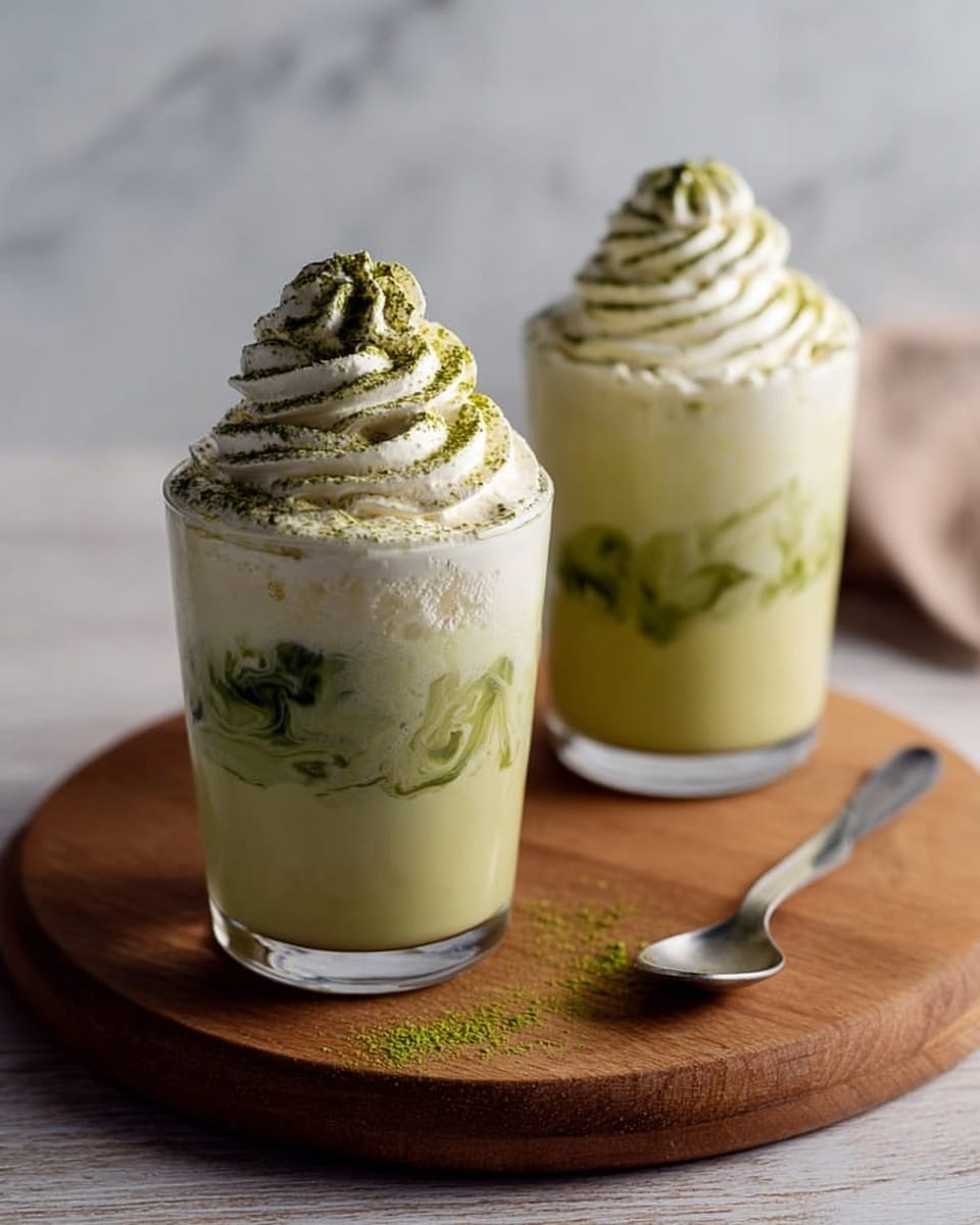 The image shows two clear glasses filled with a smooth, pale green drink with darker green swirls mixed inside. Each glass is topped with a tall, spiral layer of white whipped cream sprinkled with fine green powder. The glasses are placed on a round wooden board with a small silver spoon on the right side of the board. The background has a white marbled texture. photo taken with an iphone --ar 4:5 --v 7