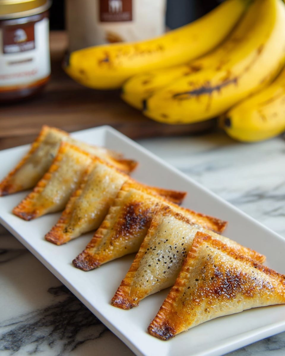 A white rectangular plate holds six triangular pastries arranged in a neat row. Each pastry is golden brown with small bubbled textures on the surface, showing a crispy outer layer. The pastries have darker, slightly burnt edges, adding contrast to the smooth and shiny middle area. In the background, there are three ripe yellow bananas with small brown spots and a blurred jar with a brown label, set against a white marbled texture. The overall look is warm and inviting. photo taken with an iphone --ar 4:5 --v 7