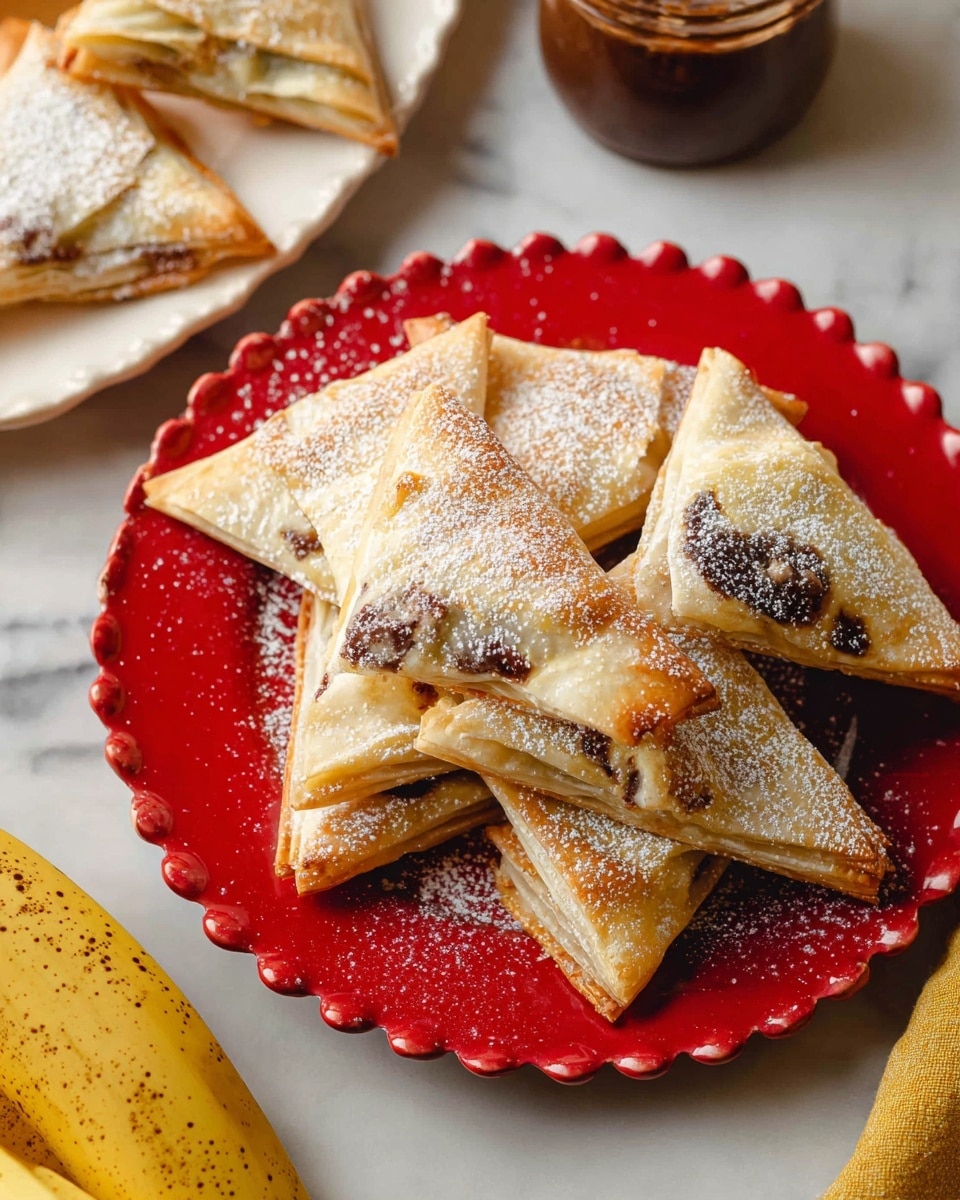 The image shows several triangle-shaped pastries stacked on a red scalloped-edged plate. Each pastry has a golden-brown flaky crust with slight darker spots where it is cooked more. Inside, a dark brown filling is visible through a translucent thin layer, with small pieces of light tan or beige filling mixed in. The pastries are lightly dusted with powdered sugar, giving a soft white contrast to the crust. In the background, part of a white plate holds similar pastries, and on the side, a brown jar is opened, filled with a dark spread. A bunch of ripe bananas with brown spots is also partly visible on a white marbled surface photo taken with an iphone --ar 4:5 --v 7