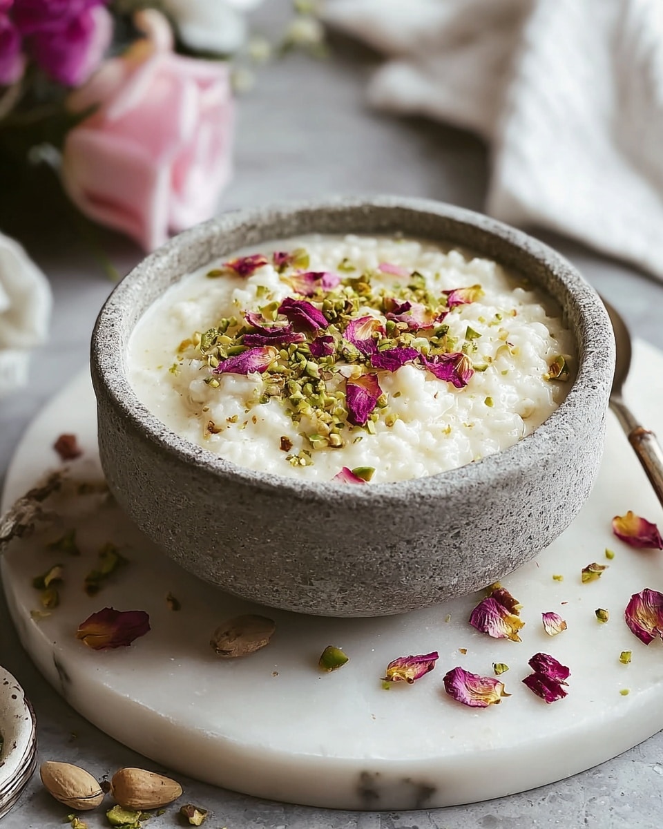 A close-up view of a grey stone bowl filled with creamy white rice pudding. The pudding has small rice grains visible and is topped with green chopped pistachios and scattered dark pink rose petals. The bowl rests on a round white marbled plate, which is set on a surface with a white marbled texture. Some pistachios and rose petals are scattered around the bowl. Soft blurred flowers and a white cloth are in the background. Photo taken with an iphone --ar 4:5 --v 7