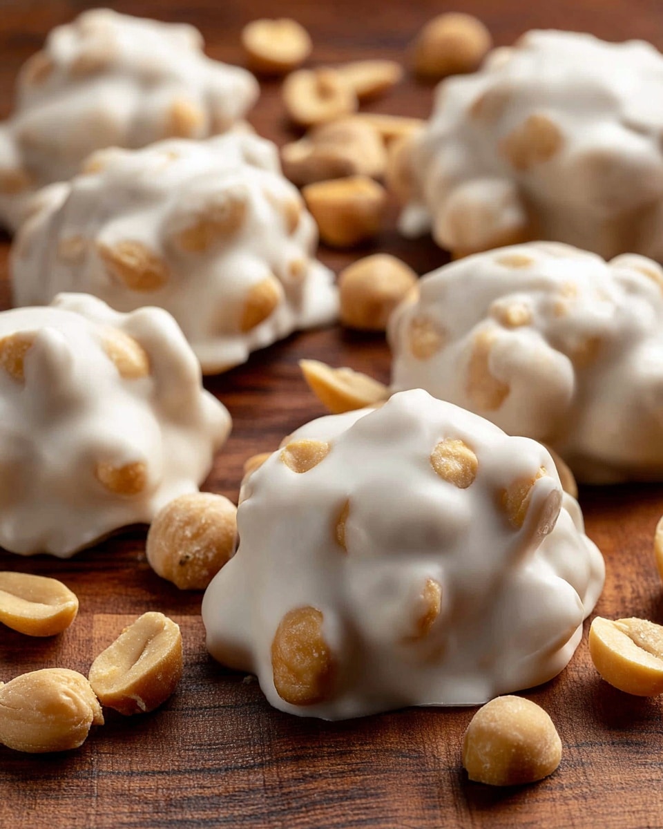 The image shows several white chocolate-covered peanut clusters scattered on a wooden surface. Each cluster is uneven and bumpy with peanuts clearly visible inside beneath the smooth, creamy white chocolate coating. Around the clusters are whole and halved roasted peanuts with a golden-brown color, adding texture contrast. The overall look is rich and inviting, with a soft focus on the chocolate clusters and sharp detail on the peanuts. photo taken with an iphone --ar 4:5 --v 7