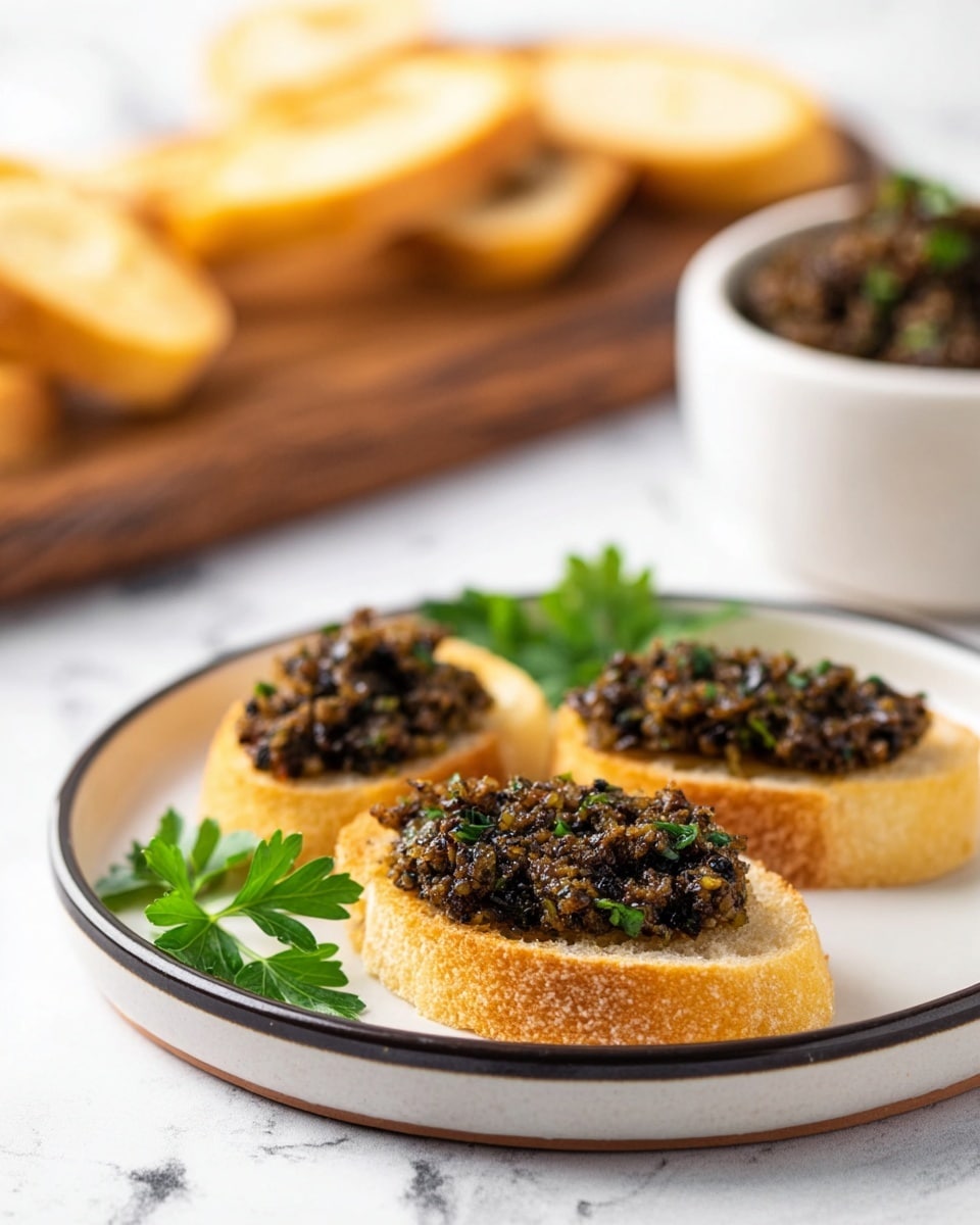 The image shows three small slices of light golden toasted baguette on a white plate with a thin dark rim, each topped with a coarse black olive tapenade mixture that has visible bits of green herbs mixed in. A sprig of fresh green parsley rests on the plate near the toasts. In the background, there is a white bowl filled with more tapenade, sitting on a wooden board with additional toasted baguette slices slightly out of focus. The surface beneath everything is a white marbled texture. photo taken with an iphone --ar 4:5 --v 7