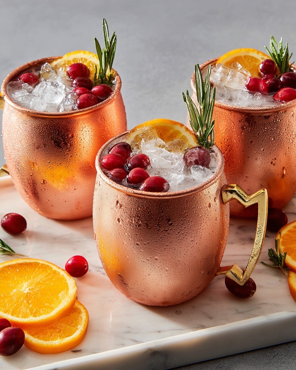 Three shiny copper mugs filled with crushed ice sit on a white marbled tray. Each mug has bright red cranberries and a green rosemary sprig resting on top of the ice. There is a fresh orange slice placed inside each mug near the rim. The mugs have small droplets of water on the outside, showing coldness. Around the tray, there are extra orange slices, cranberries, and rosemary sprigs on the white marbled surface. The background is plain with a soft gray tone. photo taken with an iphone --ar 4:5 --v 7