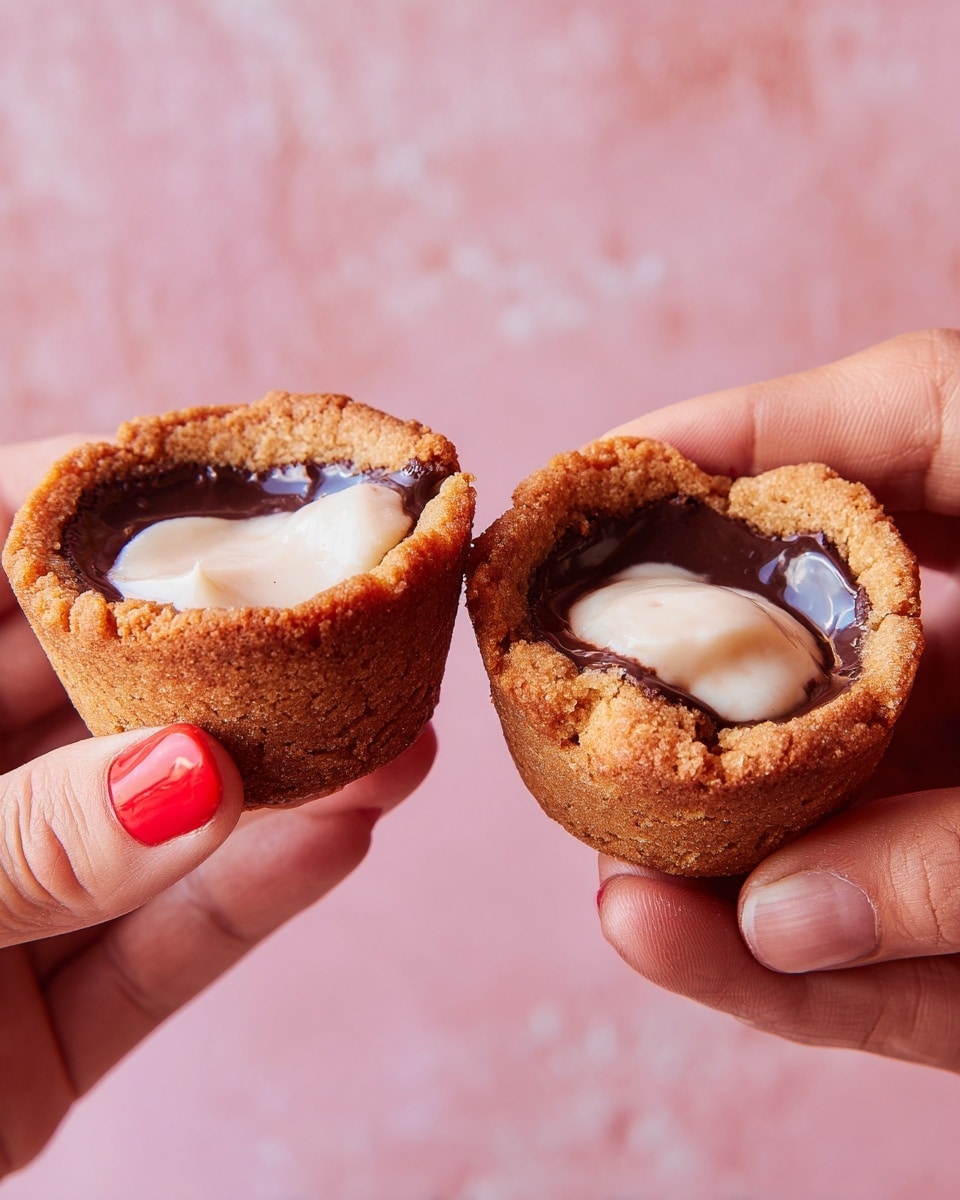 Two small cookie cups held close together by two different hands, one woman's hand with red nail polish and one without. Each cookie cup is golden brown and textured, forming a thick outer shell. Inside each cup is a dark chocolate layer lining the inside wall, topped with a smooth, creamy white filling that has a slightly glossy surface. The background is a soft pink with a subtle texture. Photo taken with an iphone --ar 4:5 --v 7