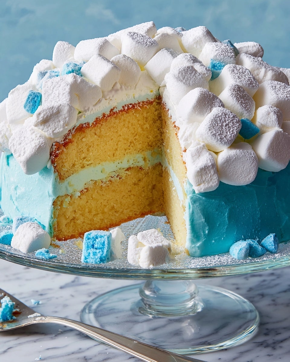 The image shows a two-layer yellow cake with a light brown crust positioned on a clear glass cake stand against a white marbled surface. The cake layers are separated and covered by a smooth, bright blue frosting layer in the middle and on the outside. Large, fluffy white marshmallows with a dusting of powdered sugar cover the entire top and sides of the cake. Small blue candy pieces are scattered around the base on the cake stand. One slice of the cake has been cut, revealing its soft texture, and is partially lifted by a silver cake server. The background is a soft blue color. Photo taken with an iphone --ar 4:5 --v 7