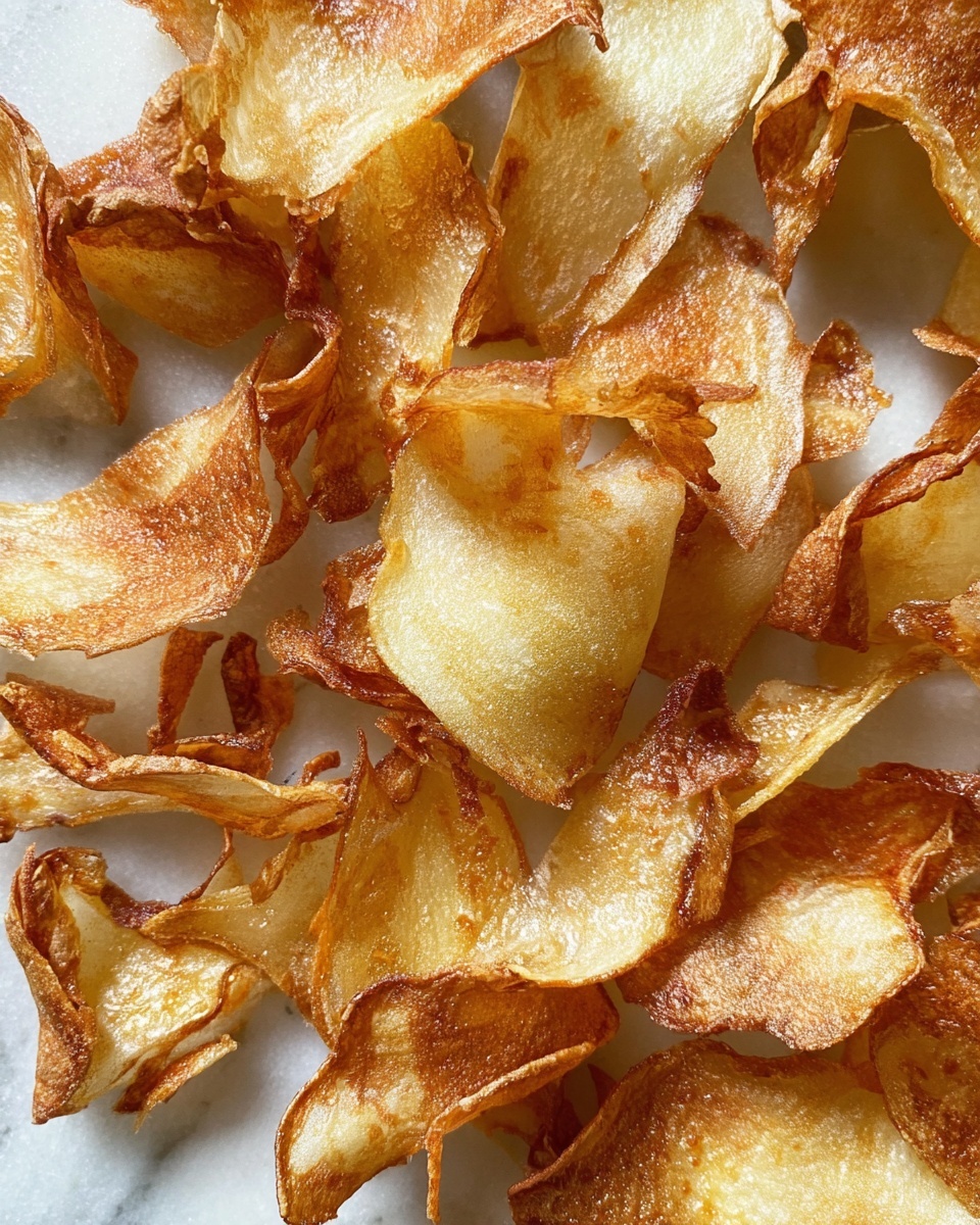 Thin, irregularly shaped slices of potato peel are scattered closely together on a white marbled surface. Each piece varies in size and has a crispy, golden-brown texture with some edges darker and curled, showing a mix of light yellow and deep brown colors. The surface of the potato peels has a slightly shiny, oily look, indicating they are fried and crunchy. Photo taken with an iphone --ar 4:5 --v 7