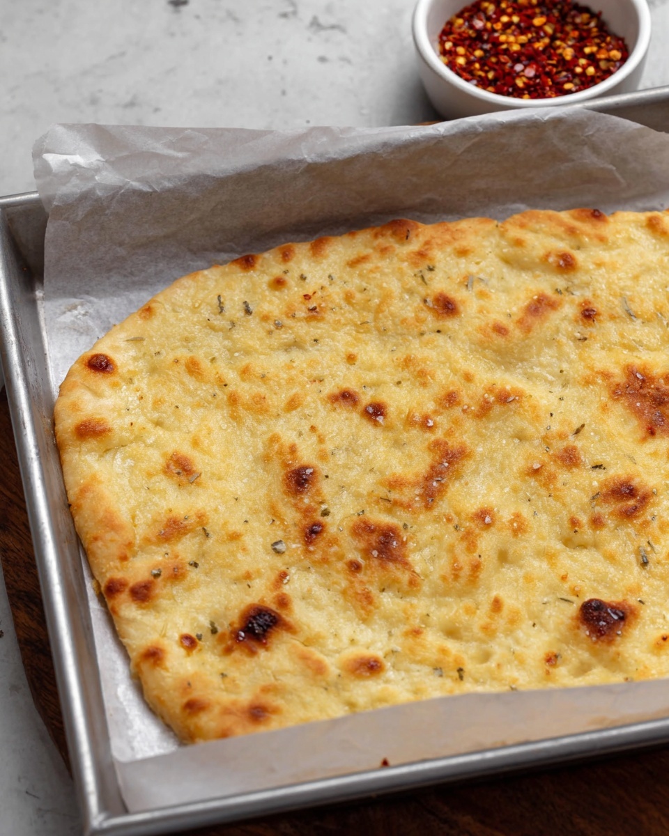 The image shows a single layer of golden-brown baked flatbread with a slightly bubbly texture and scattered darker toasted spots, resting flat on white parchment paper inside a baking tray. The surface of the flatbread looks soft with some mild herbs visible within the dough. In the background, there is a small white bowl filled with red chili flakes, placed on a white marbled texture surface. Photo taken with an iphone --ar 4:5 --v 7