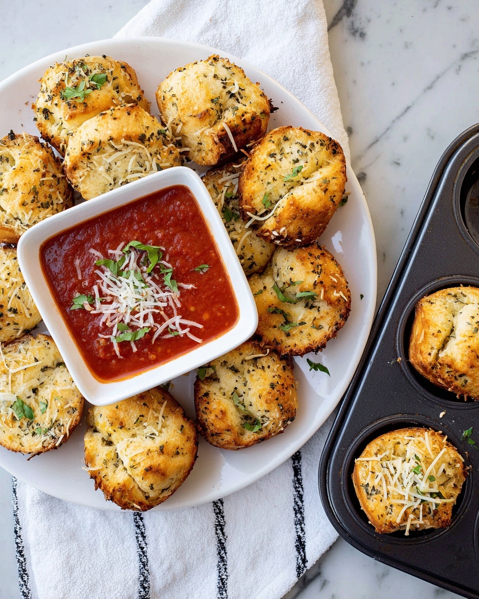 The image shows a white plate filled with golden-brown, small, round bread pieces, each having three distinct layers separated by a split in the middle, topped with sprinkled shredded cheese and green herbs. In the center of the plate is a square white bowl filled with red marinara sauce, garnished with shredded cheese and fresh herbs. To the right, a black muffin tray holds a few more bread pieces with the same layers, cheese, and herb toppings. The setting is on a white marbled surface with a white cloth featuring black stripes beneath the muffin tray. photo taken with an iphone --ar 4:5 --v 7