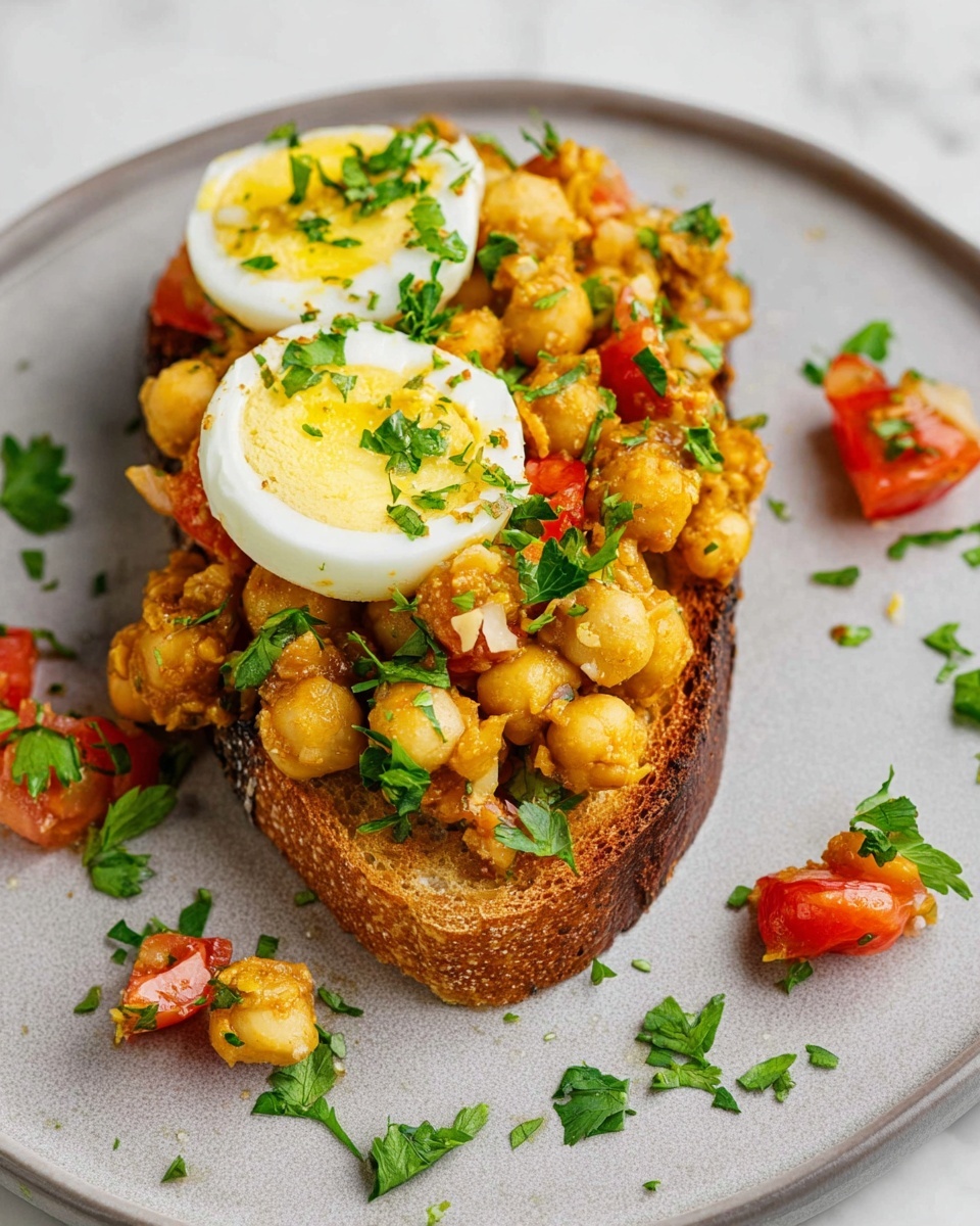 A piece of toasted bread sits on a white plate with a white marbled texture background. The bread is topped with a yellowish chickpea mixture that has small chunks of tomato and green herbs mixed in. On top of this mixture, there are two halves of a boiled egg, showing the white outer layer and light yellow yolk with some green herbs placed on them. Around the toast on the plate, scattered pieces of fresh parsley and small tomato chunks add green and red accents. The overall colors are warm and inviting with a mix of golden-brown, yellow, green, and red tones. photo taken with an iphone --ar 4:5 --v 7