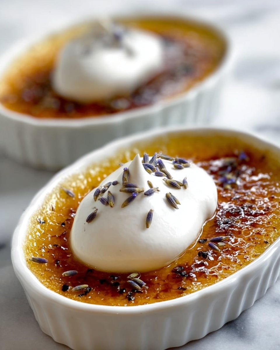 Two white oval dishes sit on a white marbled surface, each holding a single serving of crème brûlée. The dessert has a caramelized golden-brown top layer with a glossy, slightly crackled texture. On top of the caramelized layer, there is a generous dollop of smooth, white whipped cream, slightly peaked in the center. Scattered on the whipped cream are small sprinkles of dried lavender buds, adding a contrast of dark purple to the white cream. The focus is on the front dish, with the second dish softly blurred in the background. photo taken with an iphone --ar 4:5 --v 7