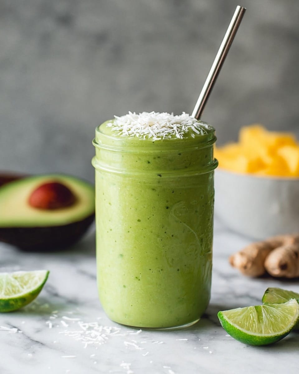 A tall clear glass jar filled with a thick, creamy bright green smoothie, topped with white shredded coconut, and a silver metal straw on the right side inserted into the drink. The background shows blurred pieces of yellow fruit in a white bowl, a halved avocado with brown seed, a piece of ginger, and a halved lime with its green rind showing, all set on a white marbled surface. Photo taken with an iphone --ar 4:5 --v 7