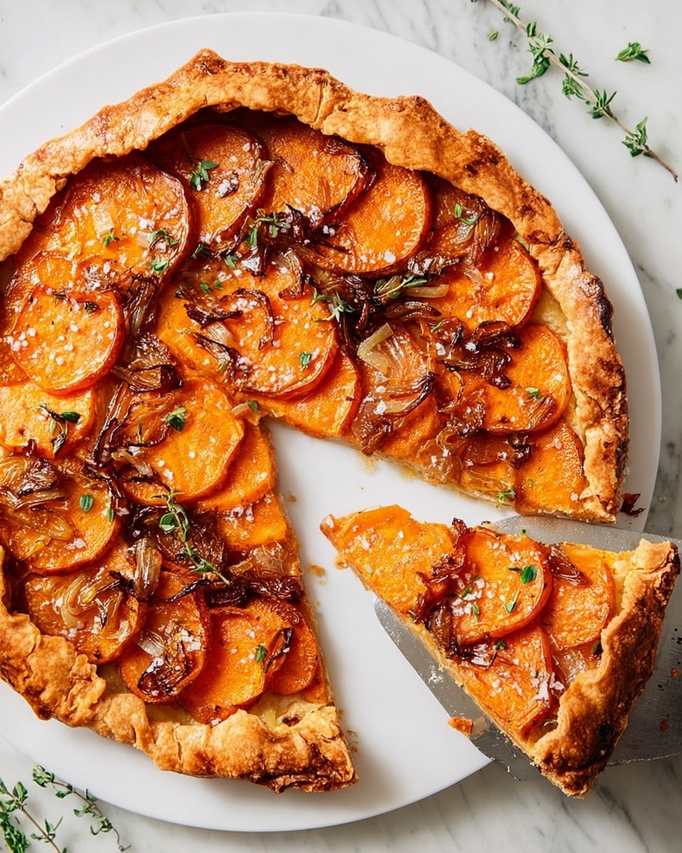 A golden-brown, flaky crust folds over the edges of a rustic tart, creating a thick outer border with a bubbly, crispy texture. Inside, there are two visible layers: the bottom layer consists of thinly sliced bright orange sweet potatoes arranged in an overlapping, circular pattern, and the top layer includes browned, caramelized onions scattered evenly, adding a light golden color with charred spots, all sprinkled with small green herb leaves and coarse salt crystals. One slice is cut out and slightly pulled away on a metal spatula, showing the fine layering and crispness of the crust. The tart rests on a white plate placed on a white marbled surface, with some small herb sprigs around. Photo taken with an iphone --ar 4:5 --v 7