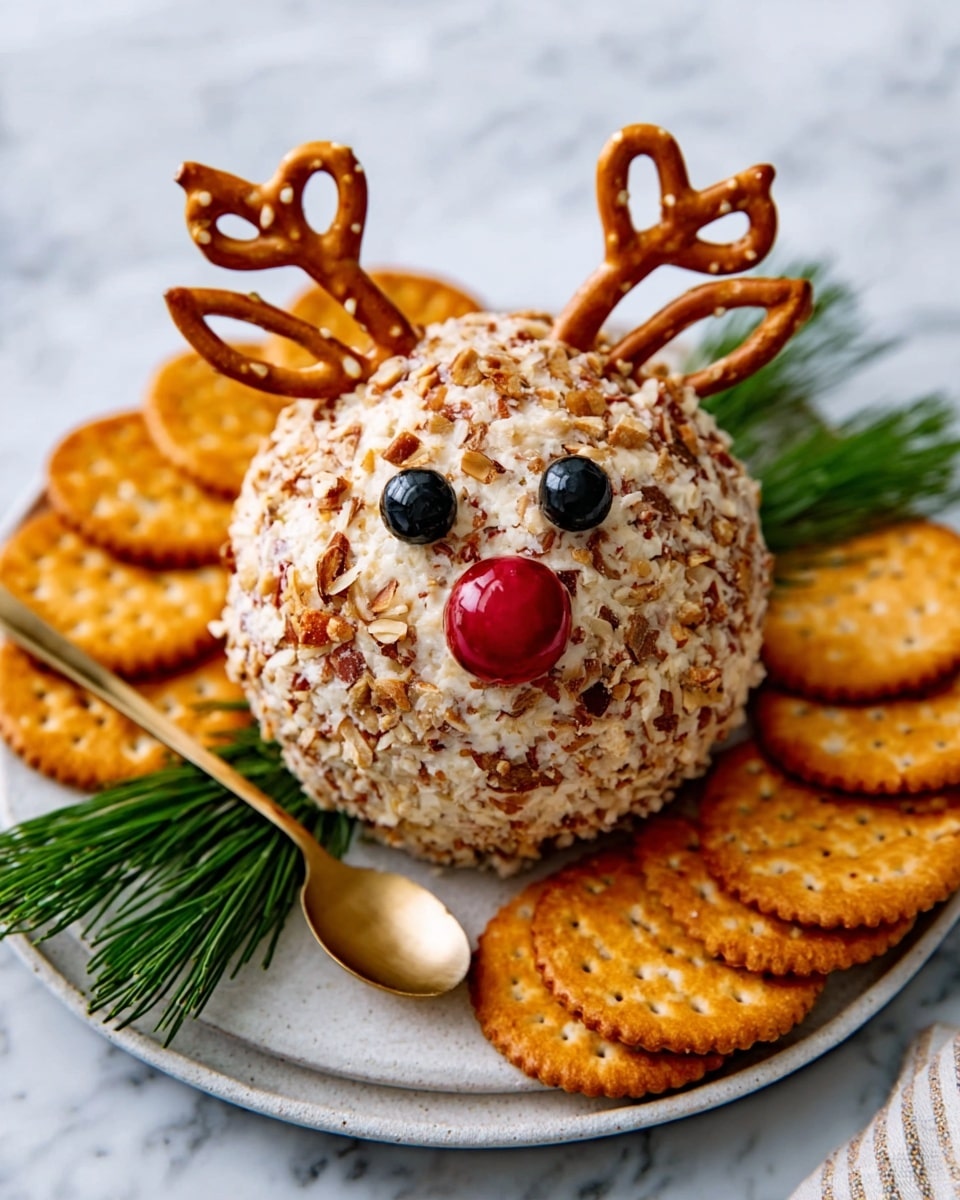 The image shows a round cheese ball covered with crushed nuts giving it a rough texture, shaped like a reindeer head. Two pretzels are placed at the top as antlers, two black olives serve as eyes, and a small round red candy or berry is the nose. The cheese ball sits on a white plate surrounded by shiny round orange crackers, with a small golden spoon resting beside it. Some green pine leaves are placed under and around the cheese ball for decoration. The background is a white marbled surface. Photo taken with an iphone --ar 4:5 --v 7