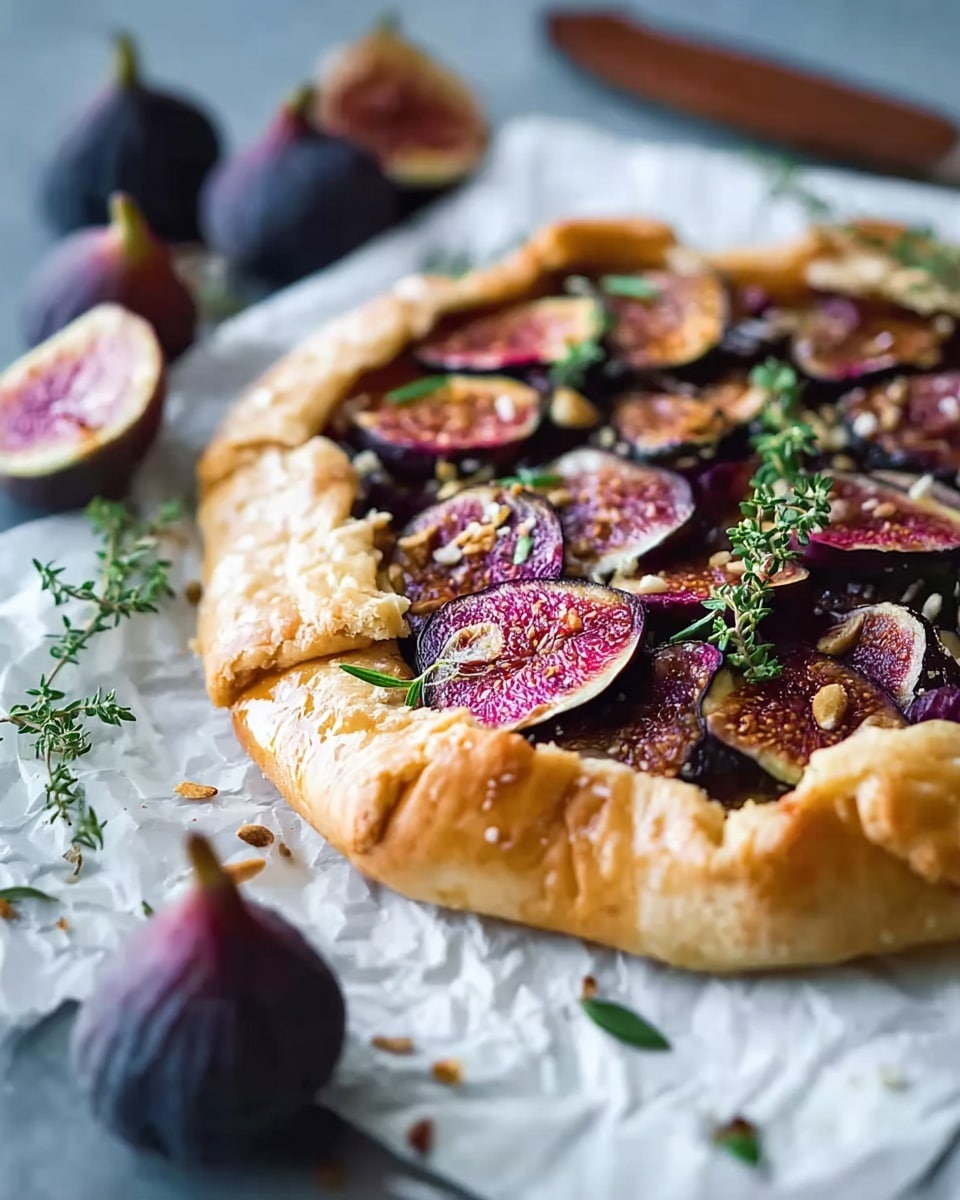 The image shows a rustic tart with a golden, flaky crust forming the outer layer that is twisted along the edges, sitting on crumpled white parchment paper. Inside, there is a topping layer made of large slices of purple figs with their soft pinkish interiors visible, arranged closely to fill the tart. Sprigs of fresh green herbs are placed around the figs, adding small pops of color, and some seeds or nuts are scattered lightly over the fruit. The tart is on a white marbled surface with whole figs and a wooden-handled knife blurred in the background. Photo taken with an iphone --ar 4:5 --v 7