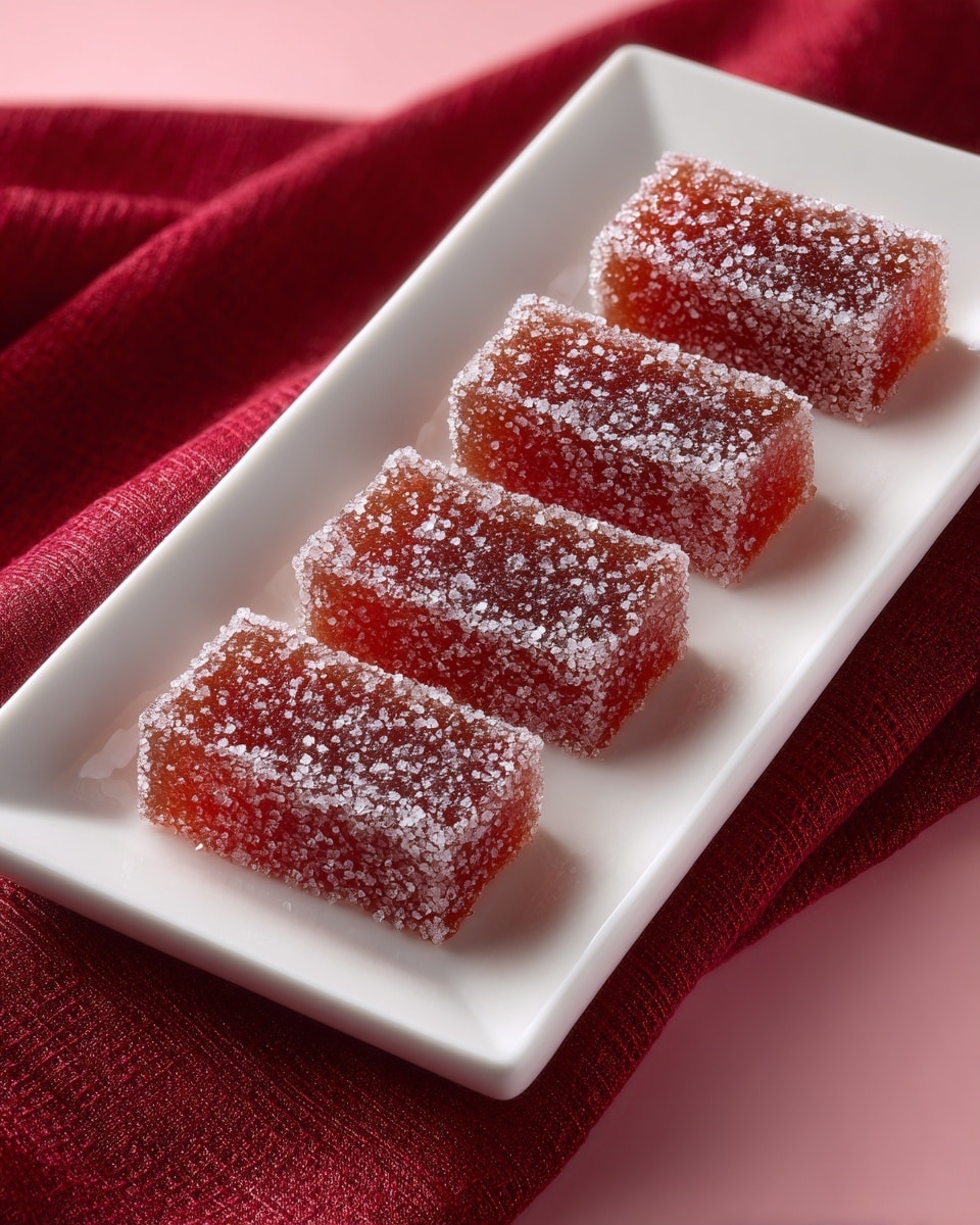 Four rectangular pieces of reddish-brown jelly candy coated evenly with white sugar crystals are placed side by side on a white rectangular plate. The candies have a slightly translucent look with small darker spots inside, giving them a textured appearance. The plate rests on a deep red textured cloth with soft folds. The background is a smooth light pink color. photo taken with an iphone --ar 4:5 --v 7