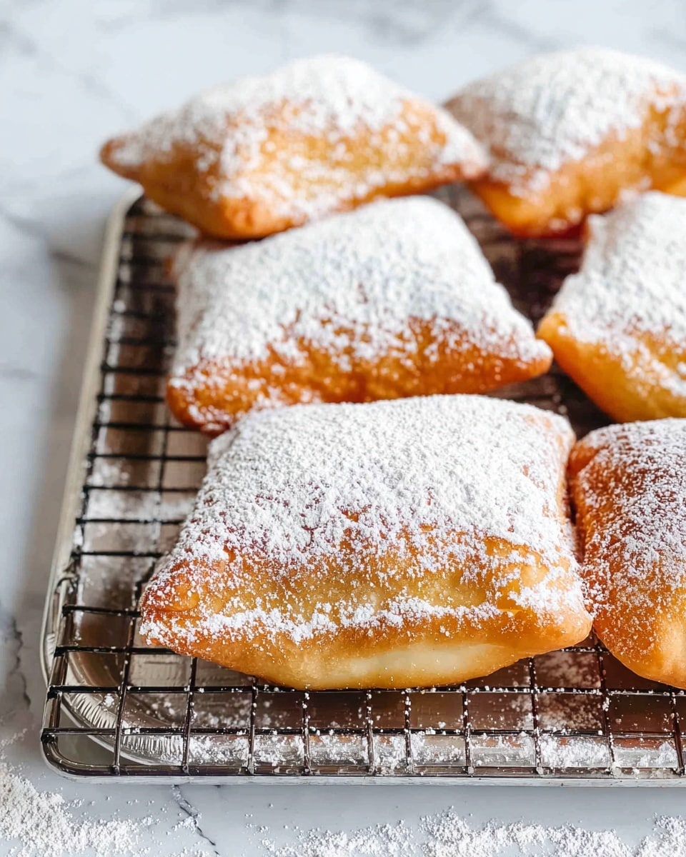 The image shows a group of golden-brown, square-shaped fried pastries arranged on a black wire cooling rack. Each pastry has a slightly puffed, uneven surface with a light dusting of powdered sugar covering the entire top layer, creating a white, powdery texture. The pastries sit on a silver tray with some powdered sugar scattered around the edges. The background features a white marbled texture that enhances the brightness of the scene. photo taken with an iphone --ar 4:5 --v 7