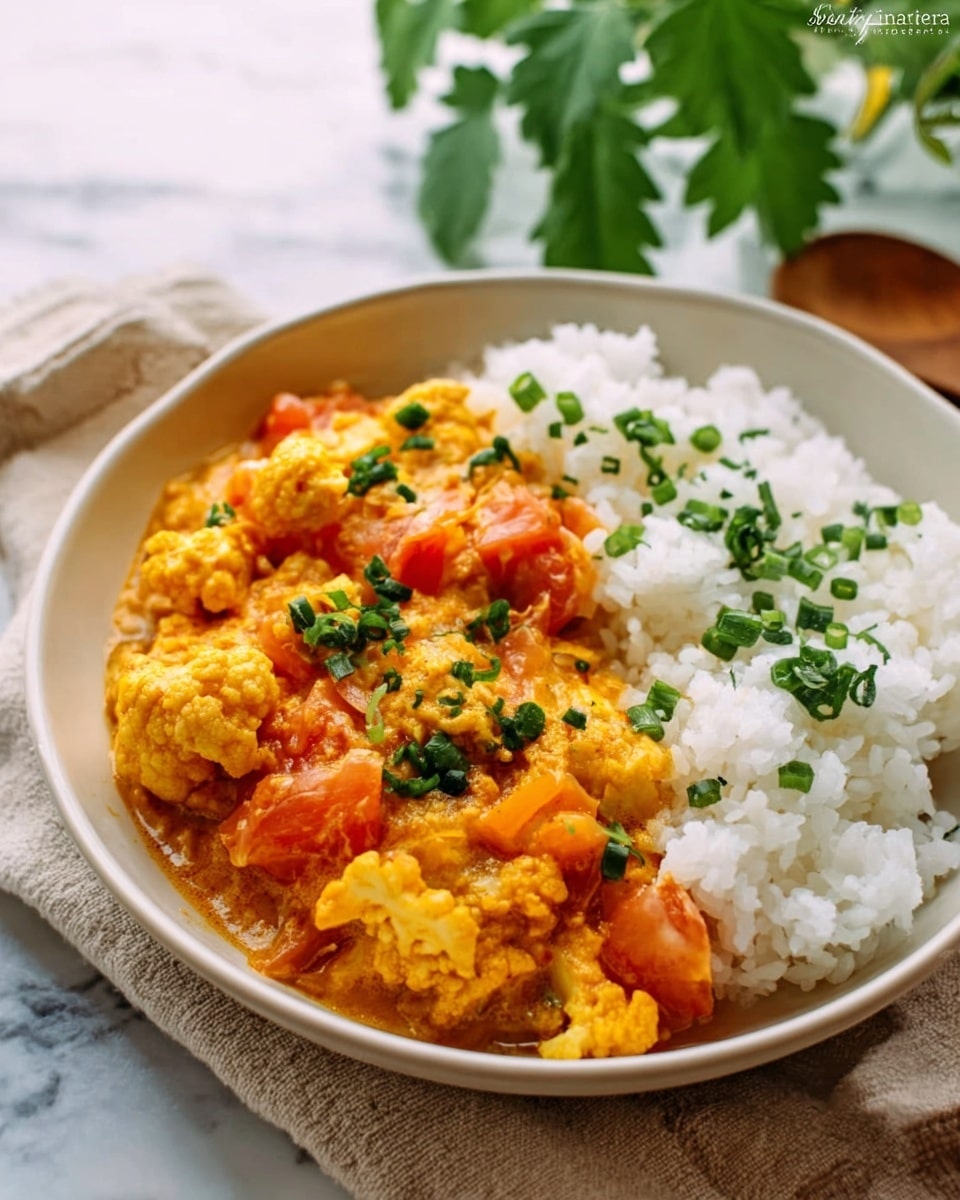 A white bowl on a white marbled surface contains two main layers: on the right side, there is a large portion of fluffy white rice with a soft texture, each grain distinct; on the left side, there is a creamy orange-yellow curry with visible chunks of tomato and pieces of cauliflower mixed in, topped with small green garnish pieces scattered evenly. The bowl rests on a beige cloth, with a blurred background showing green leaves and light coming through. photo taken with an iphone --ar 4:5 --v 7