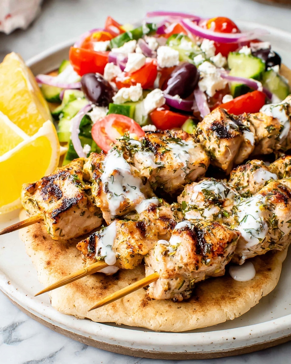 The dish shows two wooden skewers with grilled chicken pieces that are light brown with char marks, resting on a thick, golden-brown flatbread on a white plate. The chicken chunks are coated with herbs and have drops of white sauce on top. Behind the skewers is a colorful salad with red cherry tomato halves, green cucumber pieces, dark purple olives, white feta cheese cubes, and slices of red onion mixed together. There are also three slices of yellow lemon on the left side of the plate. The whole plate is set on a surface with a white marbled texture. Photo taken with an iphone --ar 4:5 --v 7
