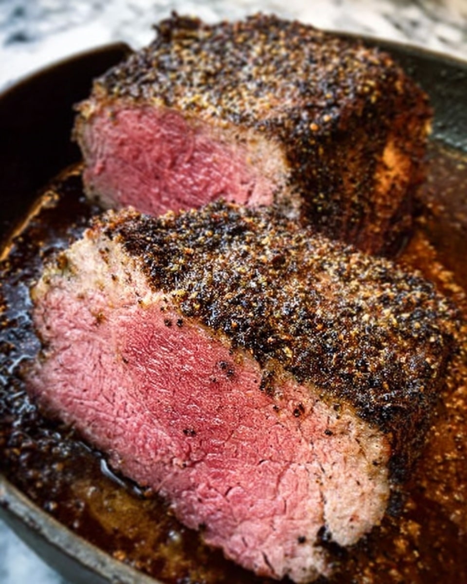 The image shows two thick slices of roast beef resting in a dark pan, with a crispy black pepper crust on the outside and a juicy pink center. The beef slices are stacked, with the front piece cut to show the tender inside texture, surrounded by some browned juices. The surface beneath the pan is a white marbled texture. photo taken with an iphone --ar 4:5 --v 7