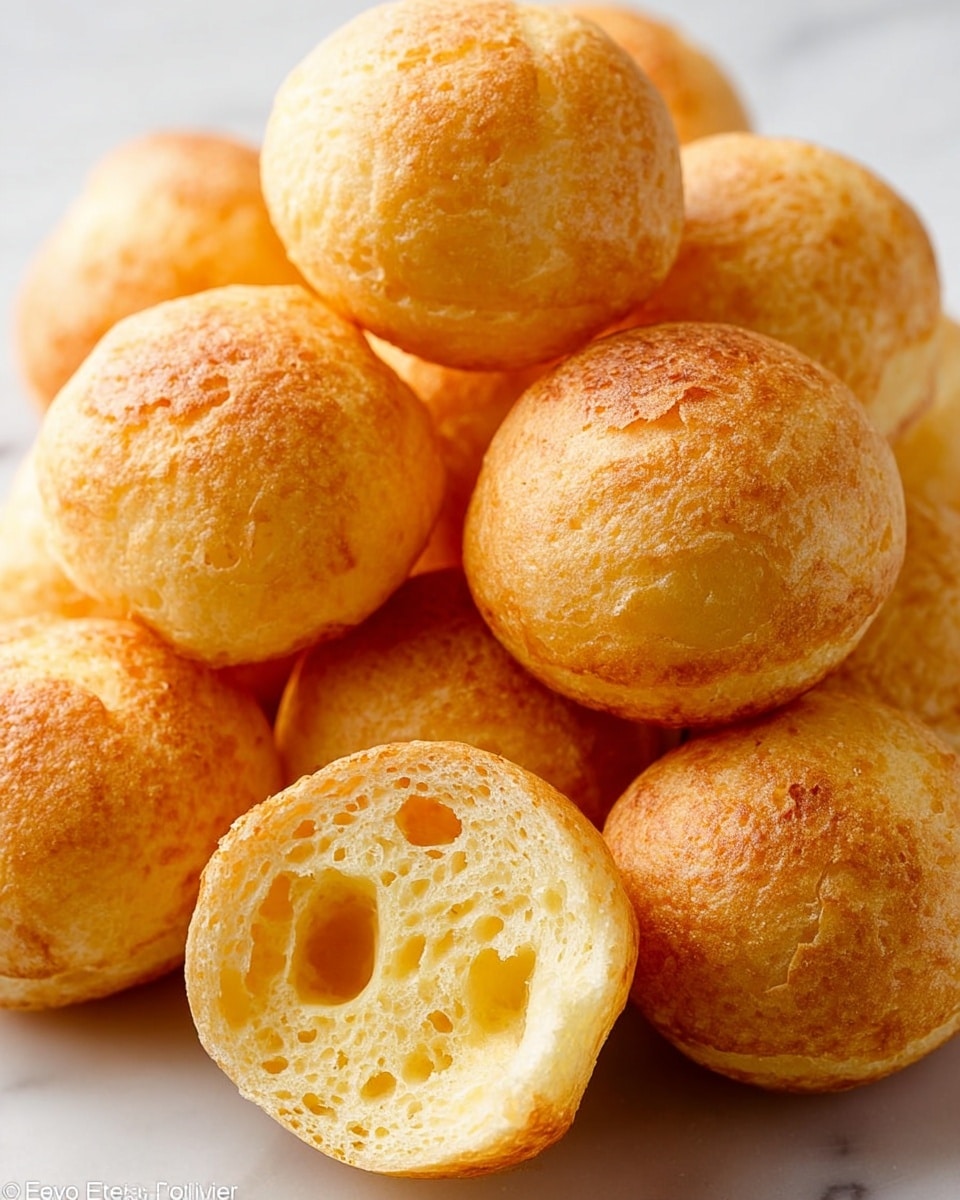 The image shows a pile of small round cheese bread balls with smooth, golden-brown tops and slightly rougher sides, all placed on a white marbled surface. One bread ball is broken open in the center, revealing a light yellow, airy, and soft inside with a spongy texture full of small holes. The bread balls have a uniform size and shape, stacked closely together in a loose pile. photo taken with an iphone --ar 4:5 --v 7