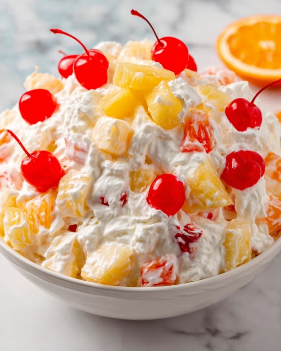 A close-up view of a white bowl filled with a creamy fruit salad that has about three distinct layers. The base layer is made of chunky pineapple pieces in pale yellow with some red grapes and orange segments mixed in. Above that is a thick layer of soft, white whipped cream that looks fluffy and smooth. Scattered throughout the creamy layer are visible bits of diced fruit creating colorful specks of red, orange, and yellow. On top, several bright red maraschino cherries are placed, along with a couple of larger pineapple chunks, adding a glossy and vibrant finish. The bowl sits on a white marbled surface. Photo taken with an iphone --ar 4:5 --v 7