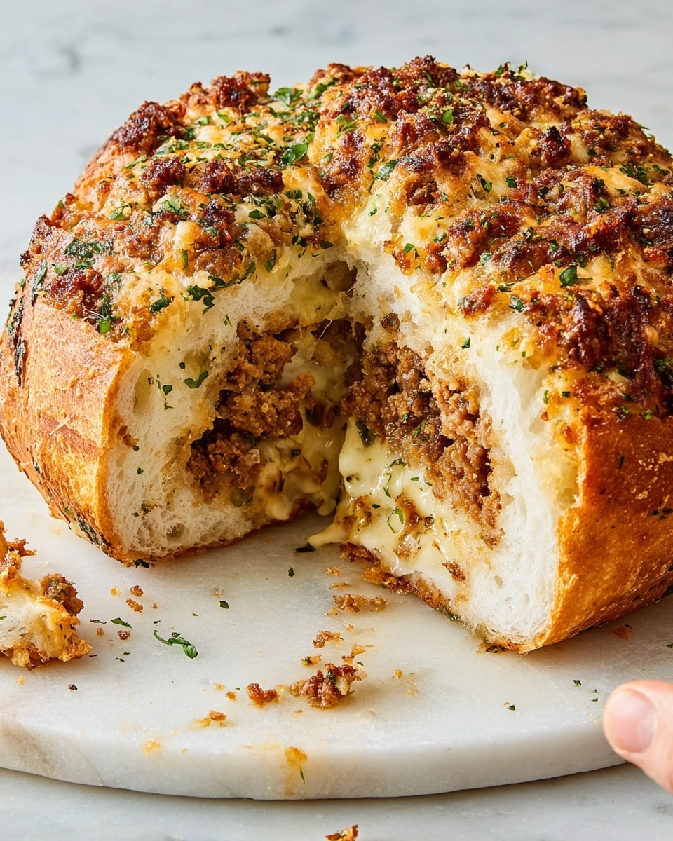 The image shows a round loaf of bread cut open to reveal its inside, placed on a white marbled surface. The bread has a golden-brown crust with a slightly crispy, textured top layer that shows some melted cheese and herbs sprinkled over it. Inside, there are two main layers: a thick, soft white bread base layer and a crumbly, brown mixture of cooked minced meat and herbs in the middle, with bits of melted cheese merging with the filling. Some green herbs are scattered inside and on top, adding color contrast. Crumbs from the bread and filling are spread around on the white marbled surface. Photo taken with an iphone --ar 4:5 --v 7