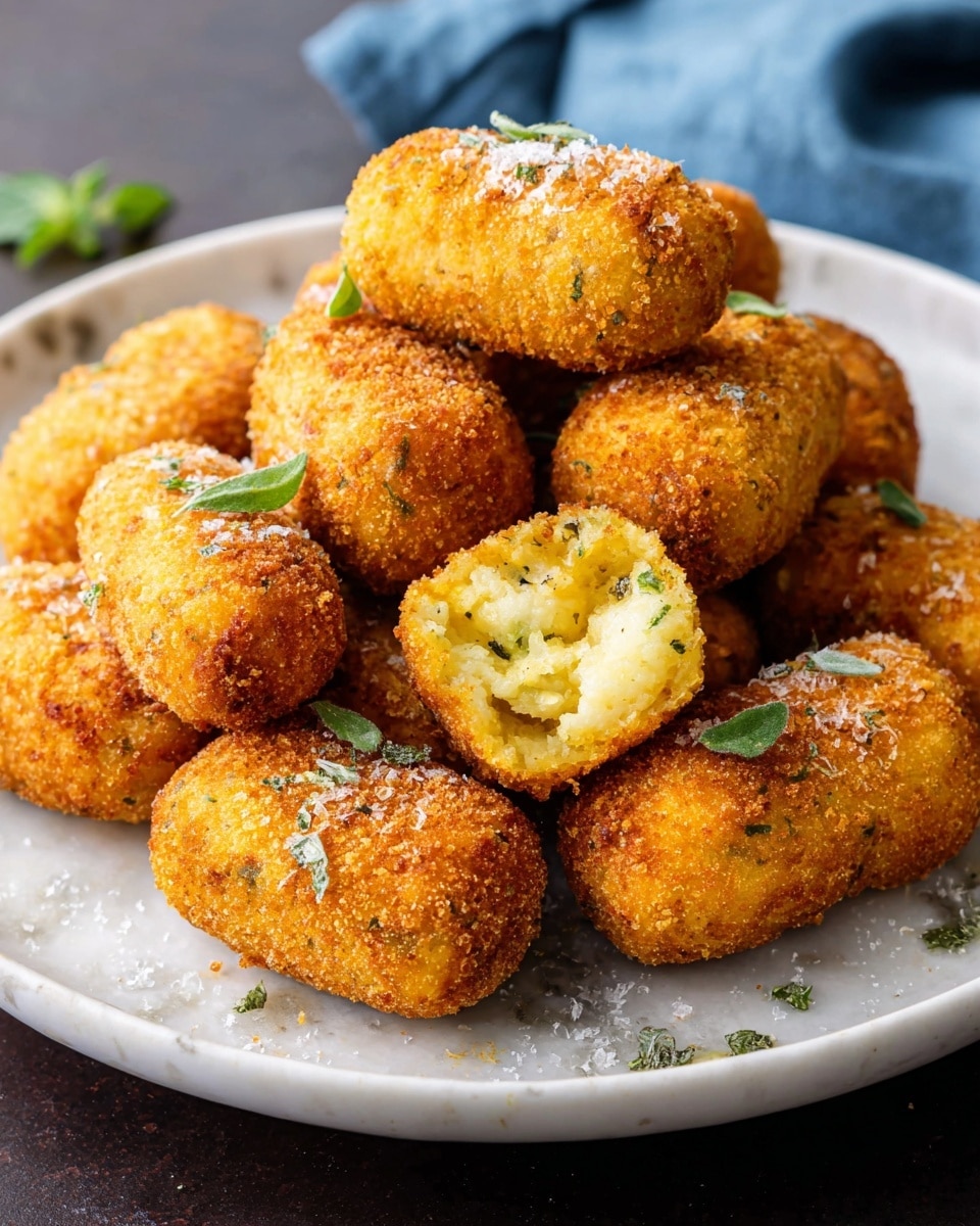 A white plate holds about eleven golden-brown croquettes with a crispy, textured outside. One croquette is broken open on top, showing a soft, light yellow inside with green herb bits. Some croquettes have small green leaves on them as garnish. A light sprinkling of white cheese or salt is scattered over the croquettes. The plate sits on a white marbled surface with a slightly out-of-focus blue cloth in the background. Photo taken with an iphone --ar 4:5 --v 7