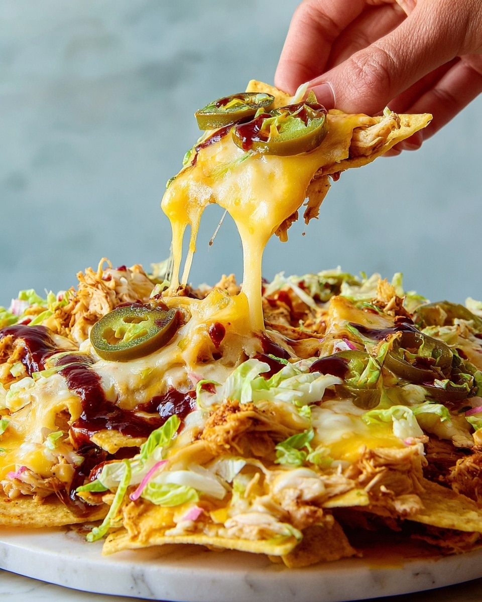 A close-up image shows a white plate full of loaded nachos with several layers, starting with a base of light yellow crispy tortilla chips. On top, there are scattered pieces of shredded white and browned turkey meat, drizzled with melted golden-yellow and creamy white cheese that stretches as a woman's hand lifts one chip. Bright green sliced jalapeños and thin slices of fresh green cabbage add texture and color. Dark red sauce dots the nachos, creating contrast on the melted cheese and turkey. The background features a white marbled surface with a soft blue-gray wall behind. photo taken with an iphone --ar 4:5 --v 7