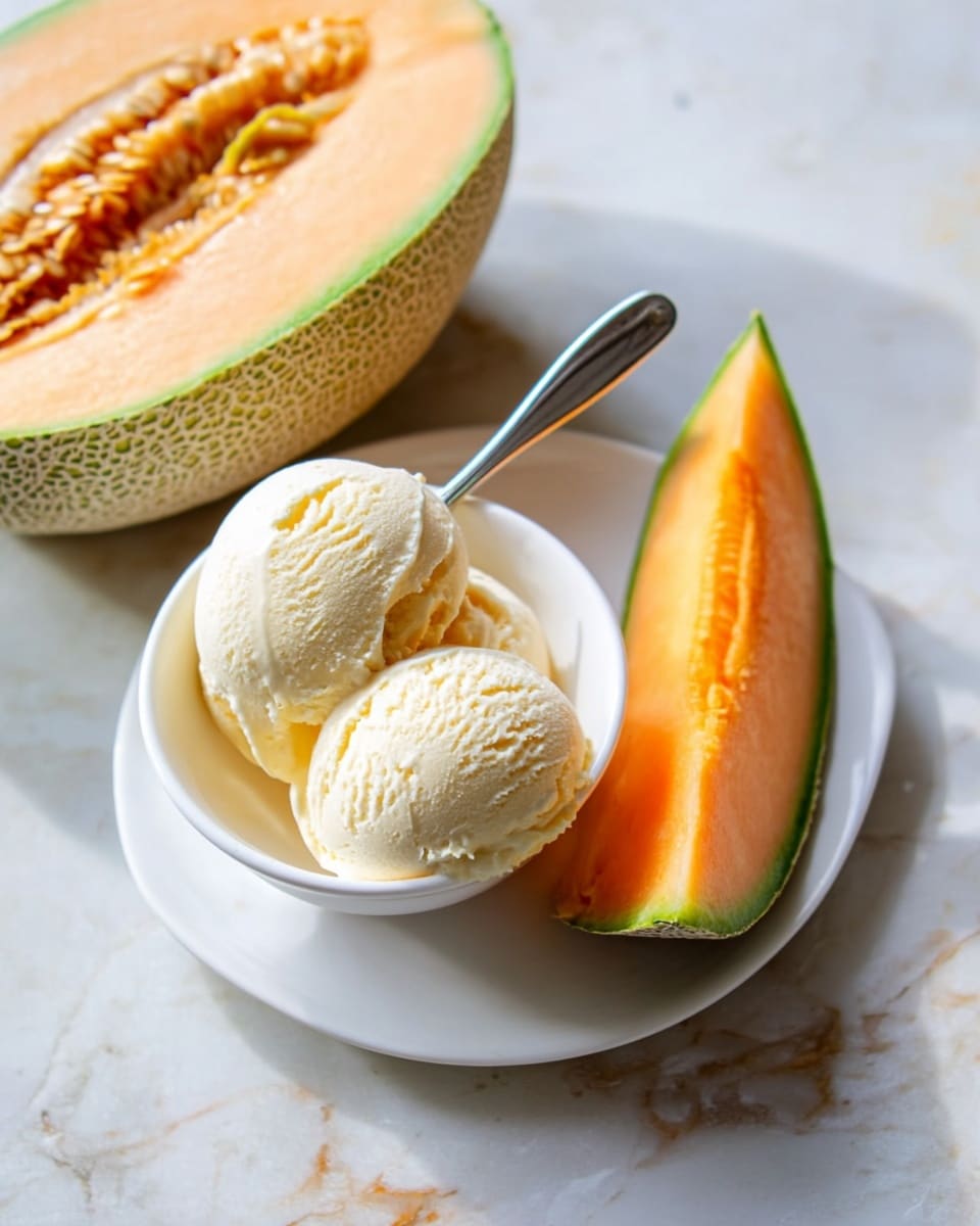 The image shows two scoops of light creamy vanilla ice cream in a small white bowl, sitting on a white plate with a curved edge. Next to the ice cream scoops is a fresh orange cantaloupe slice with green edges, placed diagonally on the plate. A silver spoon is placed inside the bowl behind the ice cream scoops. The whole setup is on a white marbled surface with soft natural light highlighting the textures of the ice cream and fruit. Half a cantaloupe melon with visible seeds is positioned on the left side of the frame. photo taken with an iphone --ar 4:5 --v 7