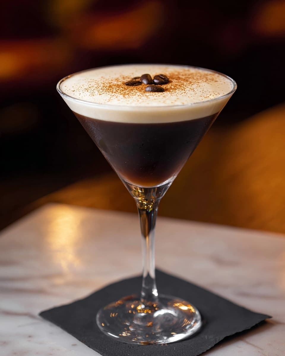 The image shows a dark brown drink served in a clear martini glass placed on a black square napkin. The drink has two distinct layers: the bottom is a deep dark brown liquid, and the top is a thick, creamy light beige foam layer. On top of the foam, there are three coffee beans placed in the center with a sprinkle of fine brown powder being poured over them. The background is softly blurred with warm tones, and the surface under the glass is a white marbled texture. photo taken with an iphone --ar 4:5 --v 7