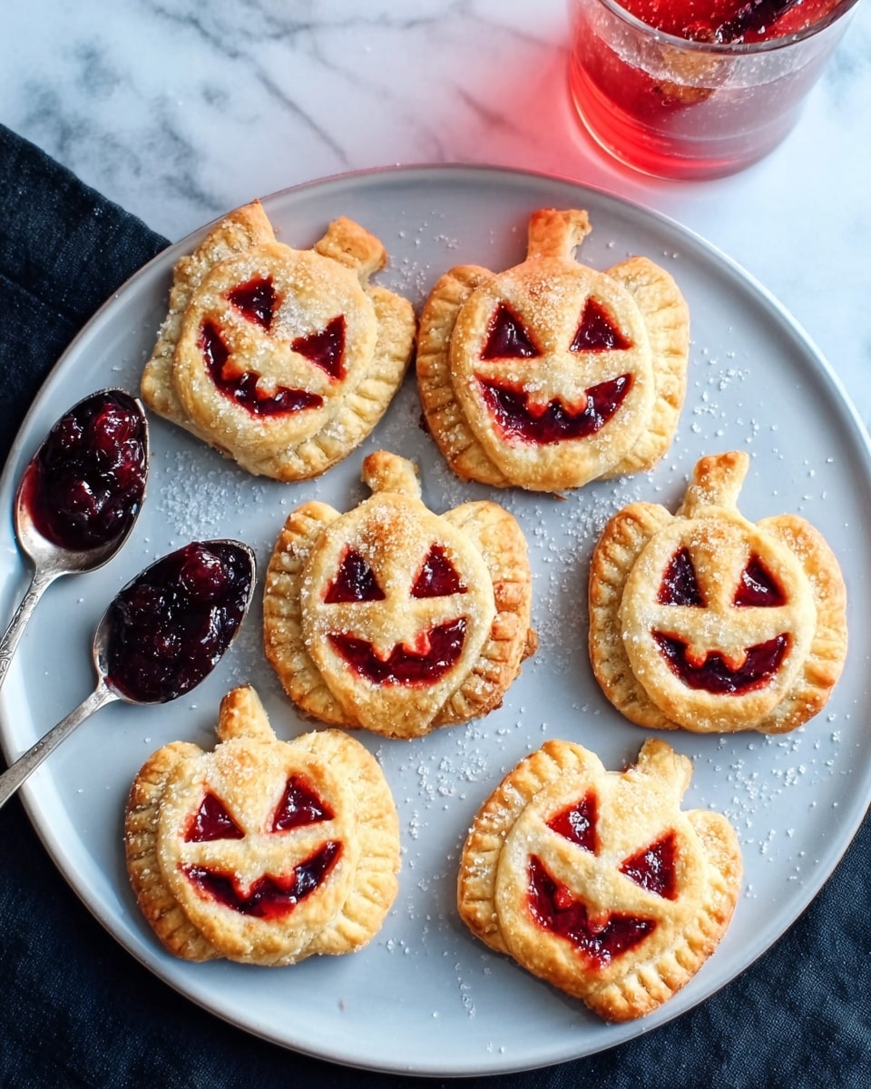 The image shows a white plate on a white marbled surface, holding six small pumpkin-shaped pastries. Each pastry has a golden-brown crust with cut-out faces resembling jack-o'-lanterns. Inside the cut-outs, a red filling, possibly jam, is visible, adding color contrast. The pastries have a slightly shiny, baked texture with some sugar sprinkles on the plate. On the left side, a spoon with dark jam rests partly on the plate. In the top right corner, a glass with a red drink and a metal straw is visible. Photo taken with an iphone --ar 4:5 --v 7