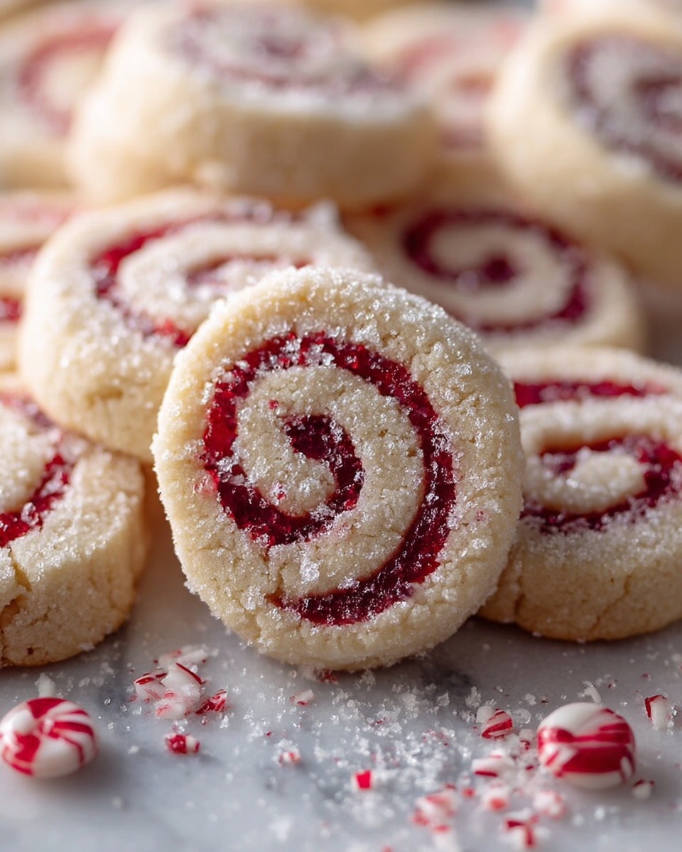 The image shows a close-up of several swirled cookies arranged on a white marbled surface. Each cookie has two visible layers: the outer layer is light beige with a soft, doughy texture, and inside is a bright red spiral pattern. The cookies are generously dusted with fine white powdered sugar, giving them a frosty look. Around the cookies, there are a few red and white peppermint candies adding contrast to the scene. The focus is on the front cookie, showing the layers clearly with a gentle soft blur on the others in the background. photo taken with an iphone --ar 4:5 --v 7