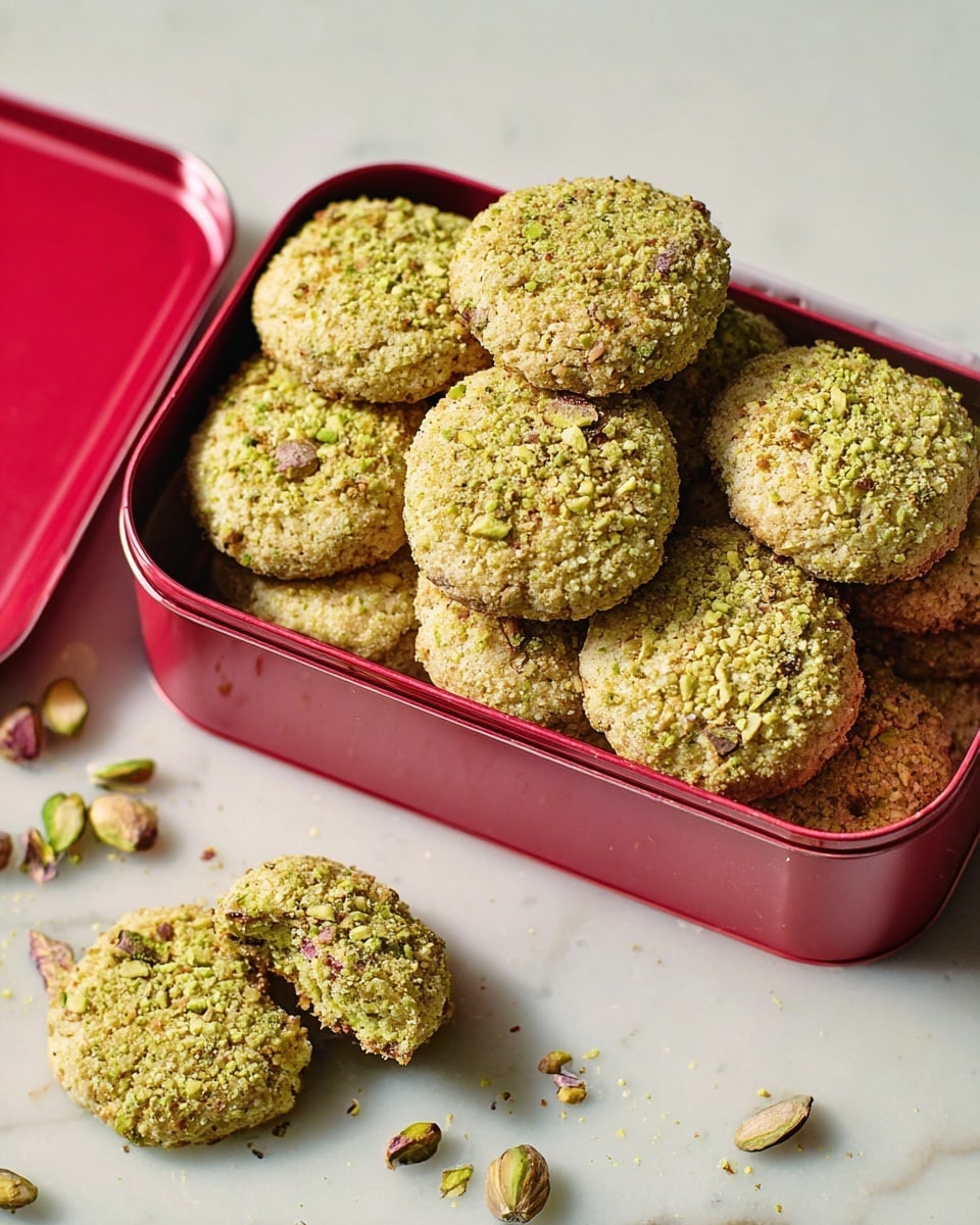 A red metal box filled with round pistachio cookies that have a rough, crumbly texture with bits of crushed pistachios on the surface, giving them a light green color mixed with brown specks; some cookies are stacked inside the box, while others lie outside, one whole and one broken, on a white marbled textured surface. photo taken with an iphone --ar 4:5 --v 7
