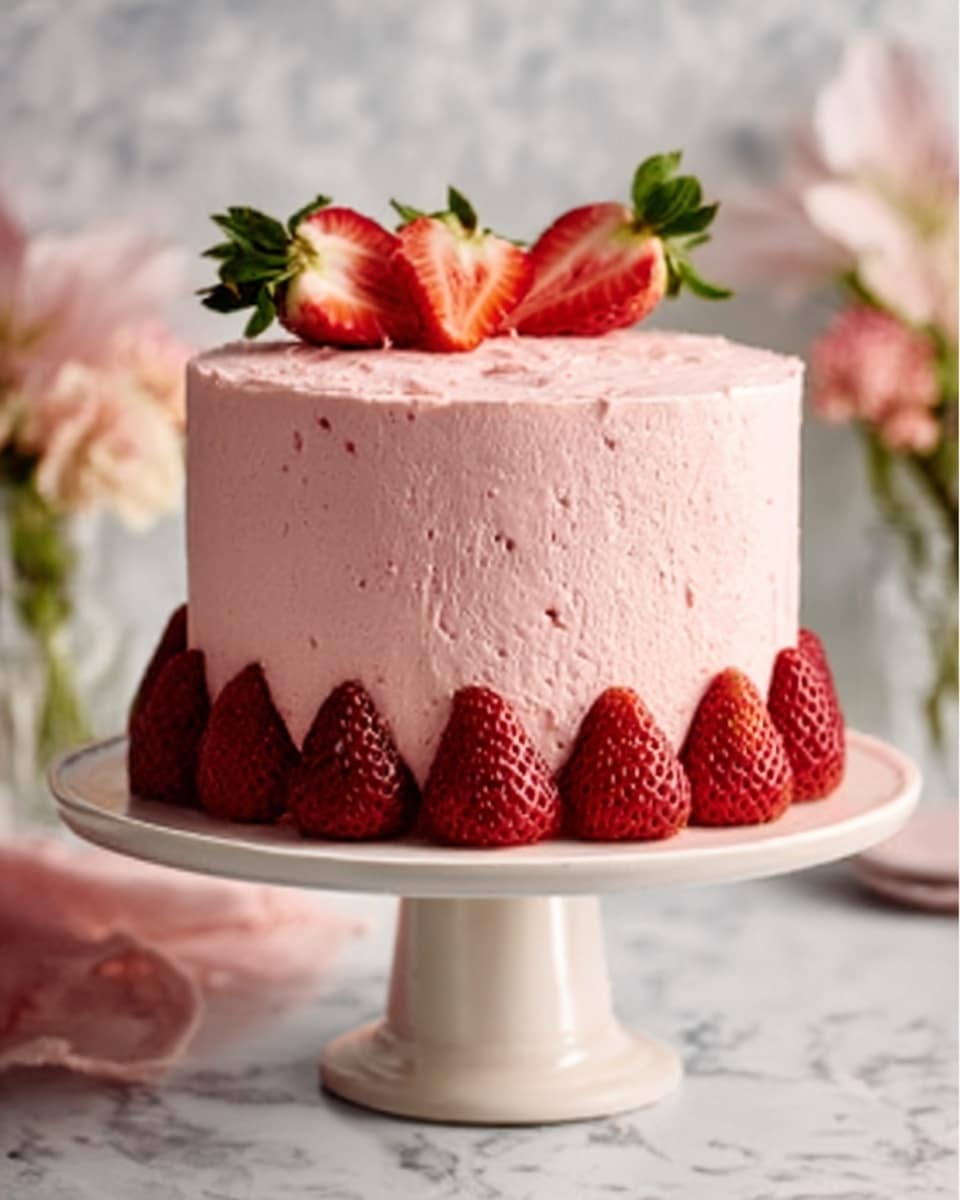 A tall, round cake with smooth light pink frosting evenly covering the whole cake. Around the bottom edge, there is a neat row of fresh red strawberries standing upright, their green leaves just visible. On top, there are three whole strawberries and one strawberry sliced thinly and fanned out for decoration. The cake sits on a simple white cake stand with a wide, round base. In the background, there is a white marbled surface with soft blurred flowers. The photo taken with an iphone --ar 4:5 --v 7