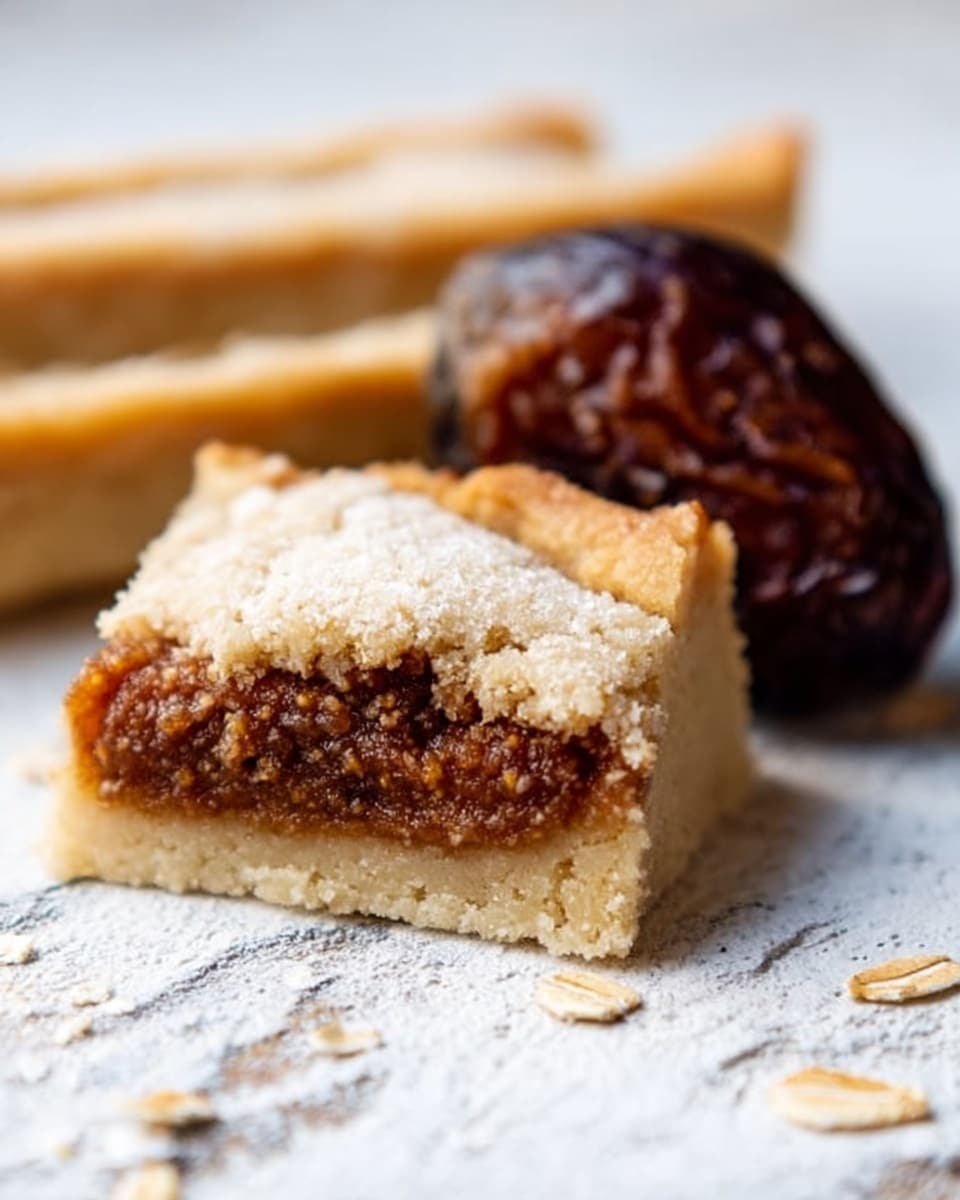 The image shows a close-up of a single piece of shortbread pastry with a thick filling. The pastry has two layers: the outer layer is a pale golden, crumbly dough that wraps around the inner part, which is a dense, brown filling with visible small bits, giving it a slightly rough texture. Next to the pastry piece, there is one whole dried fig, dark brown and slightly shiny with a wrinkled surface. The background has a white marbled texture with some scattered oats for decoration. The overall feel is rustic and natural, focusing on the rich textures of the pastry and fig. photo taken with an iphone --ar 4:5 --v 7