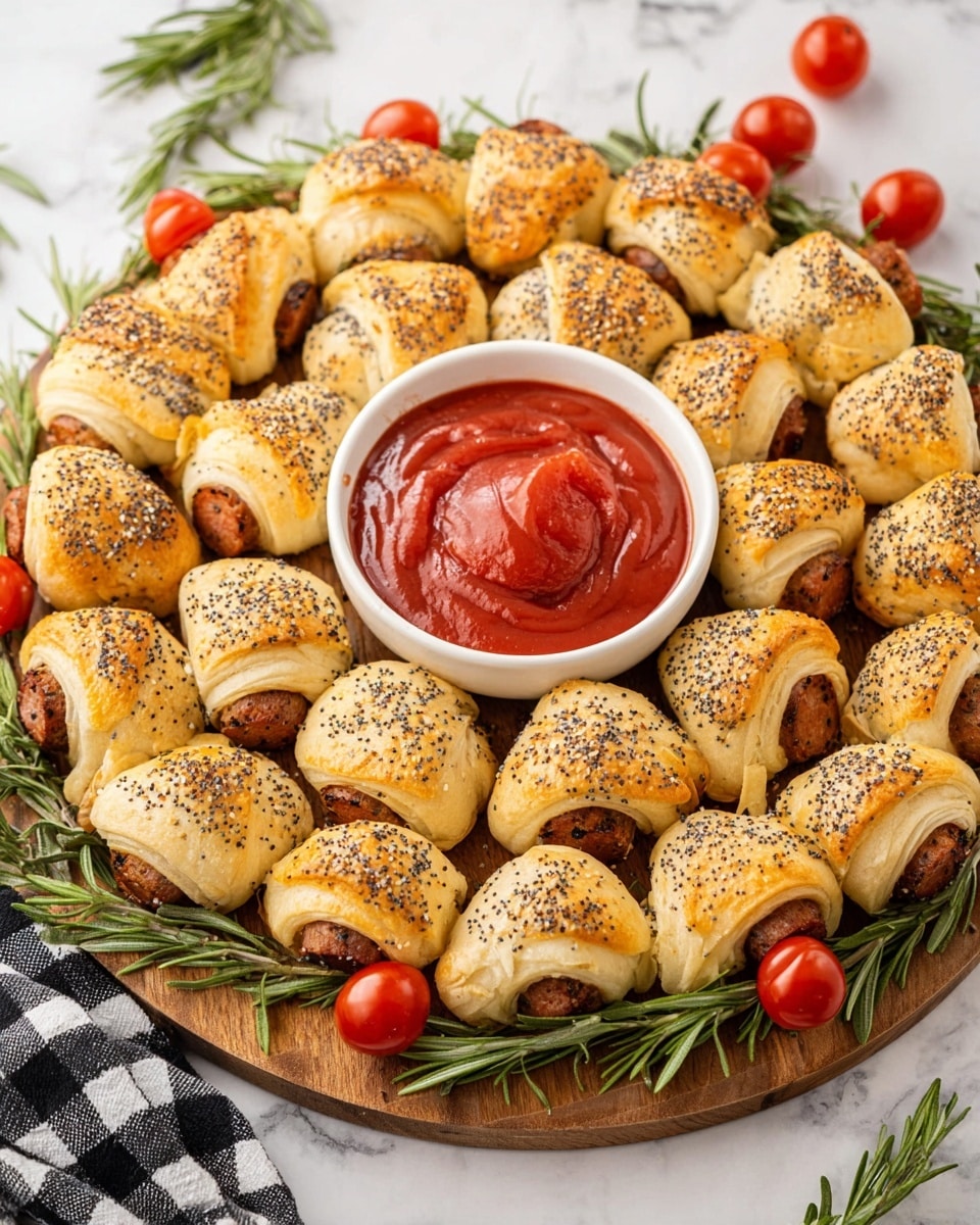 A round wooden board is filled with a circle of crescent rolls wrapped around small sausages, each topped with poppy seeds, showing the browned golden crust and bits of the sausage peeking out. Fresh green rosemary sprigs are tucked under the crescent rolls around the edge, with small red cherry tomatoes placed between some of the rolls. In the center of the board, there is a white ceramic bowl filled with smooth, thick red ketchup. The scene is set on a white marbled texture background with a black and white checkered cloth visible in the corner. Photo taken with an iphone --ar 4:5 --v 7