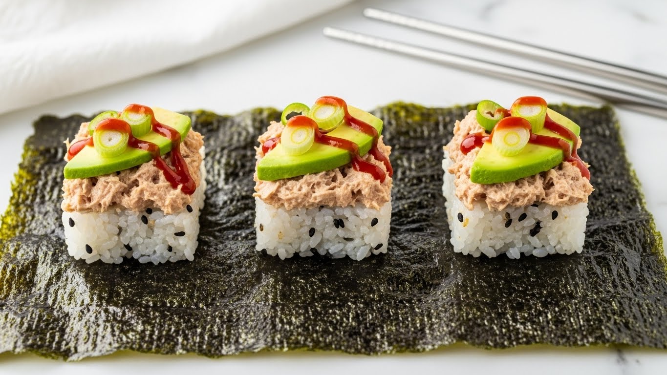 Three small square sushi bites are arranged in a row on a large sheet of dark green nori seaweed with a rough texture. Each sushi bite has a bottom layer of white sticky rice that shows some black sesame seeds mixed in. On top of the rice is a layer of tuna salad with a creamy light pinkish-brown color, followed by small pieces of bright green sliced avocado and green onion rounds, and drizzled with red sauce. The nori lies flat on a white marbled surface, with a white cloth and silver chopsticks placed nearby. The overall scene is bright and clean with natural light. photo taken with an iphone --ar 4:5 --v 7