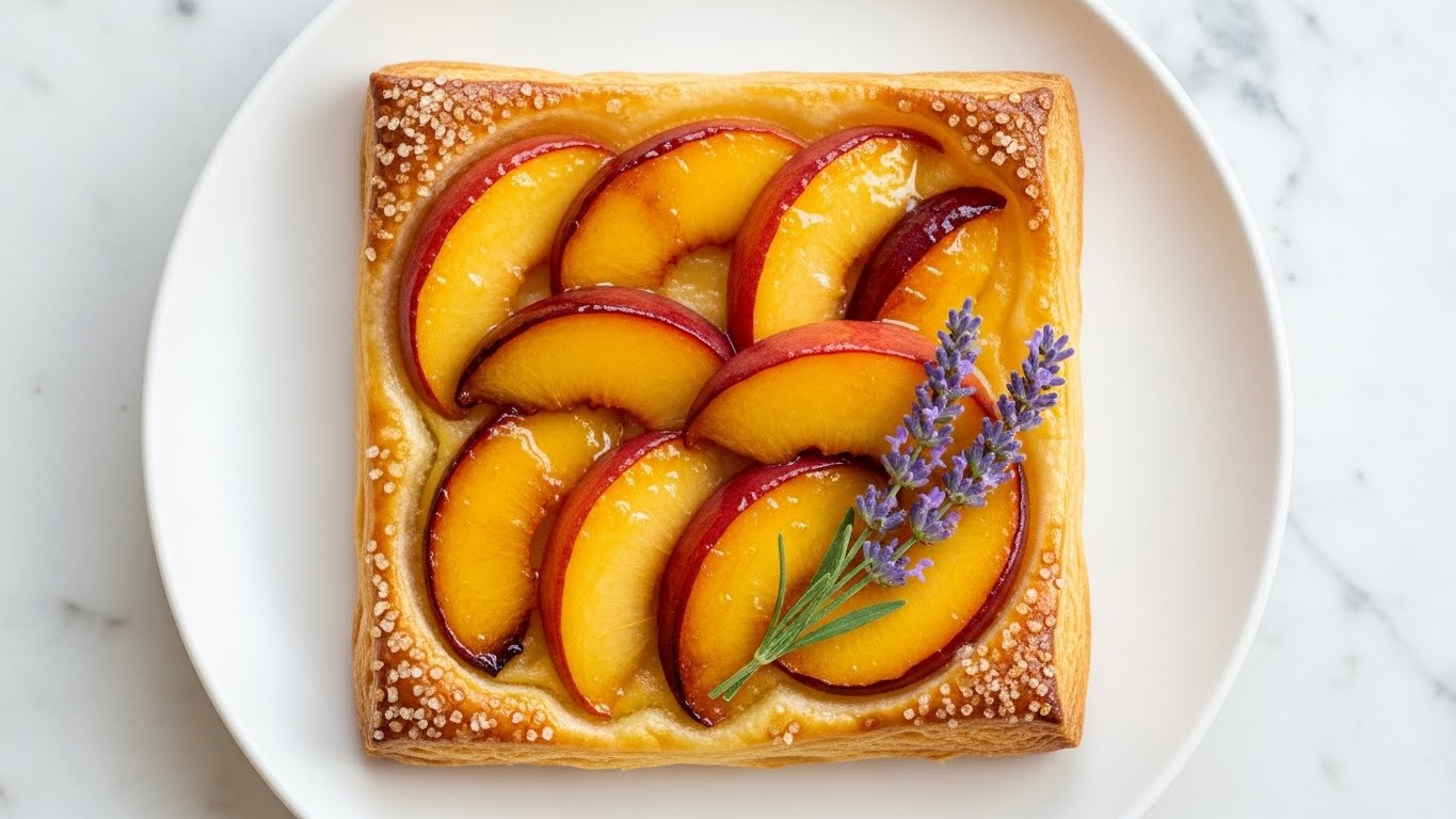 A square puff pastry tart on a white plate sitting on a white marbled texture, with a golden-brown, crispy edge sprinkled with coarse sugar, topped with six shiny, caramelized peach slices arranged in a layered arc covering most of the tart, and a small sprig of light purple lavender flowers placed at the bottom right corner of the peach slices, all glistening with a sticky glaze. photo taken with an iphone --ar 4:5 --v 7