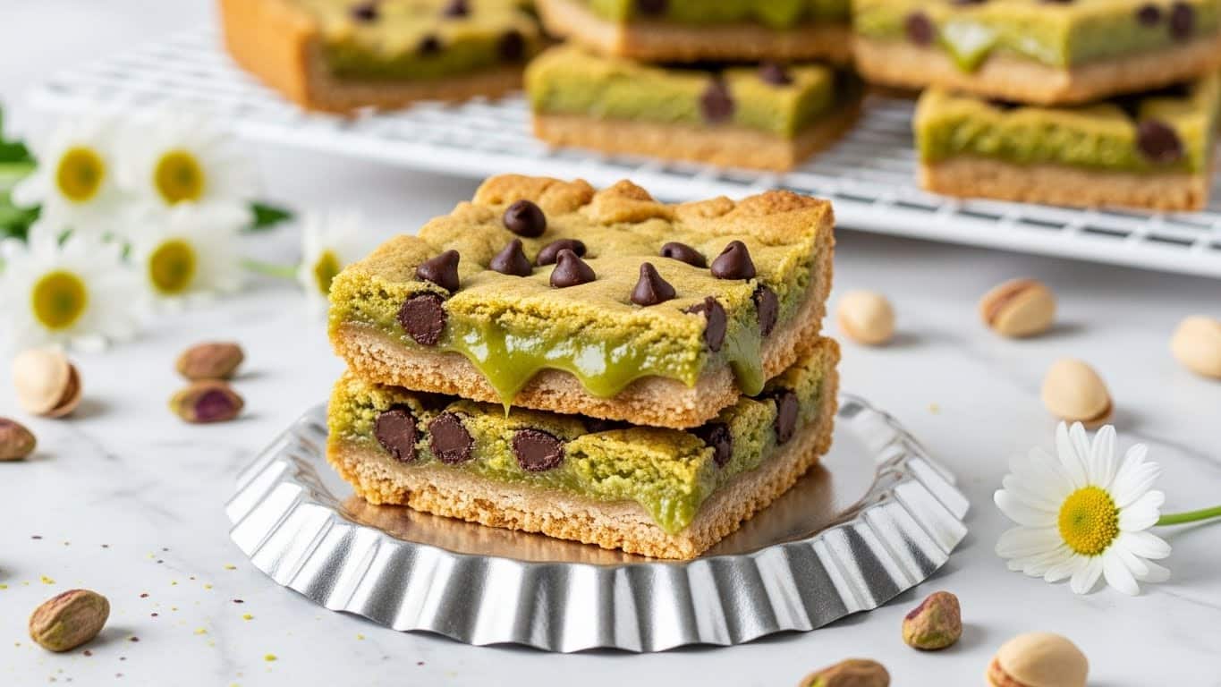 The image shows a close-up of a two-layered square dessert with a golden brown crust and a green, gooey filling in the middle. The dessert has visible chocolate chips scattered on top and throughout the layers. The piece is placed on a shiny fluted silver base, with a stack of similar square desserts blurred in the background on a white cooling rack. The setting includes white daisies and scattered pistachio nuts around, all on a white marbled surface. photo taken with an iphone --ar 4:5 --v 7