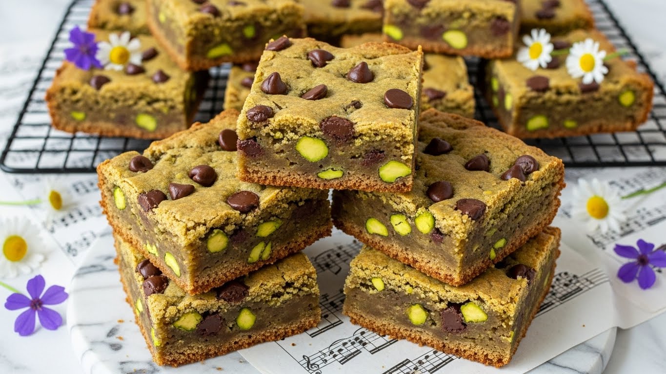 The image shows a stack of thick, square blondies with a greenish-brown color spread evenly throughout. Each blondie has visible chunks of green pistachio nuts and scattered brown chocolate chips both inside and on top. The texture looks dense but soft, with slightly crumbly edges. The blondies are arranged in a pyramid shape on a black cooling rack that is placed on white marbled surface with sheet music underneath. Around the blondies, there are small white daisies and purple flowers adding color to the scene. Photo taken with an iphone --ar 4:5 --v 7